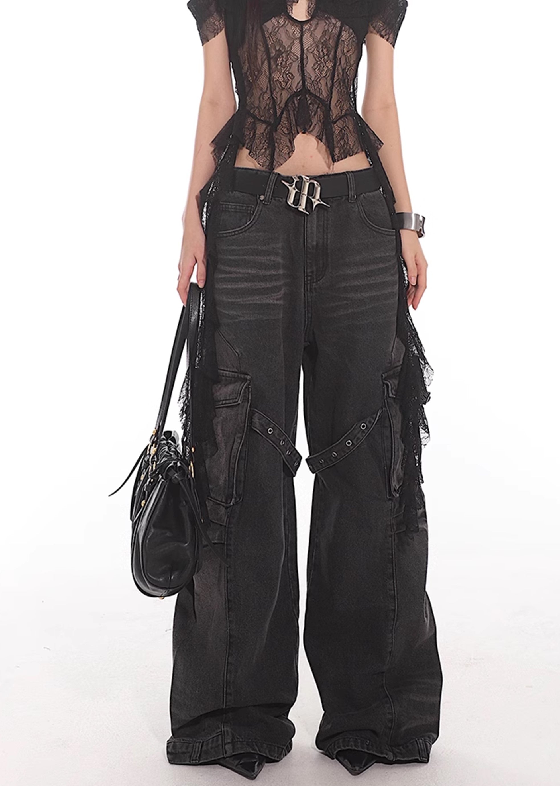 【UNCMHISEX】Side pocket suspender design grunge wash denim pants  UX0033