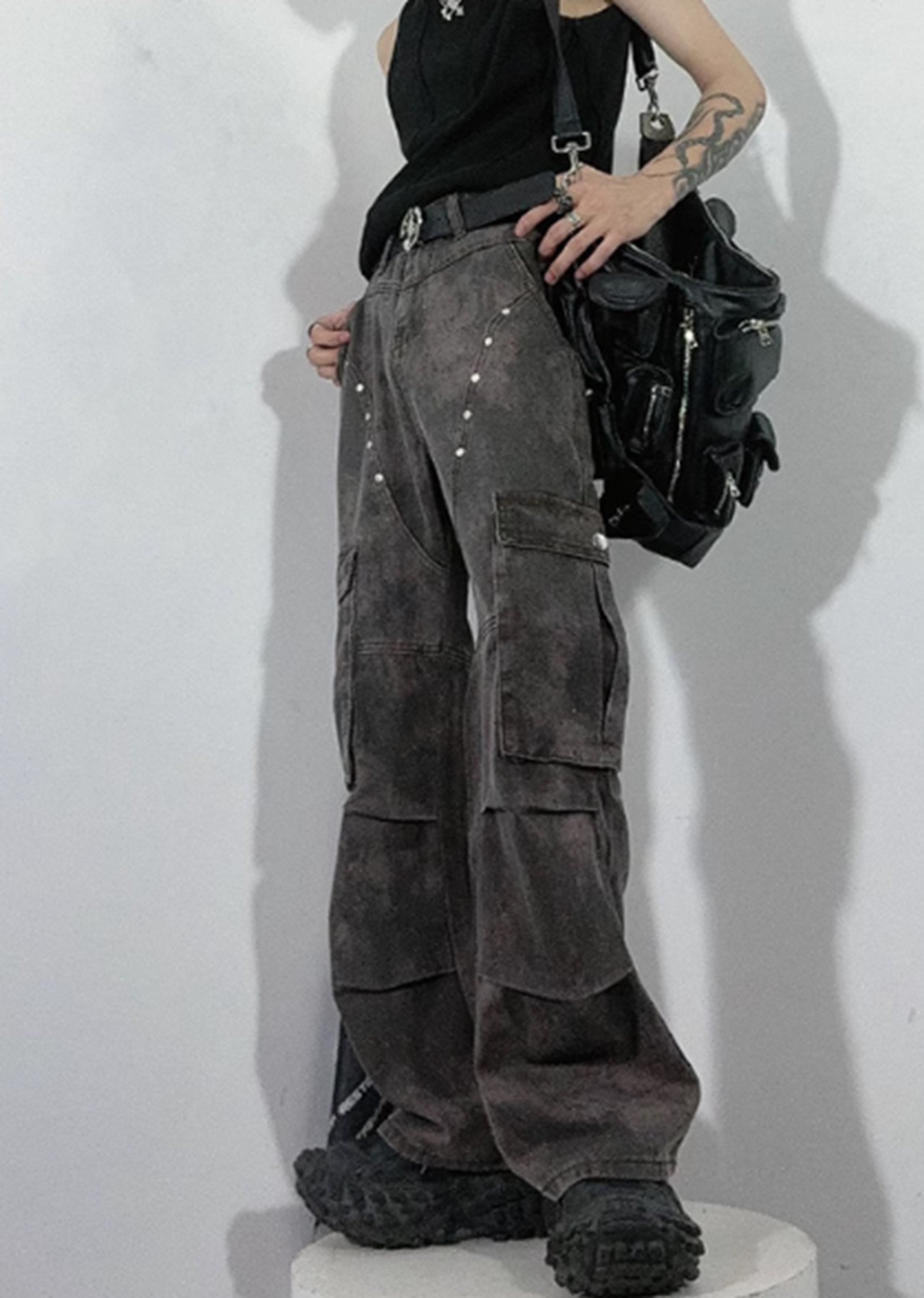 [76street] Dull grunge style vintage processed slim cargo denim pants ST0003