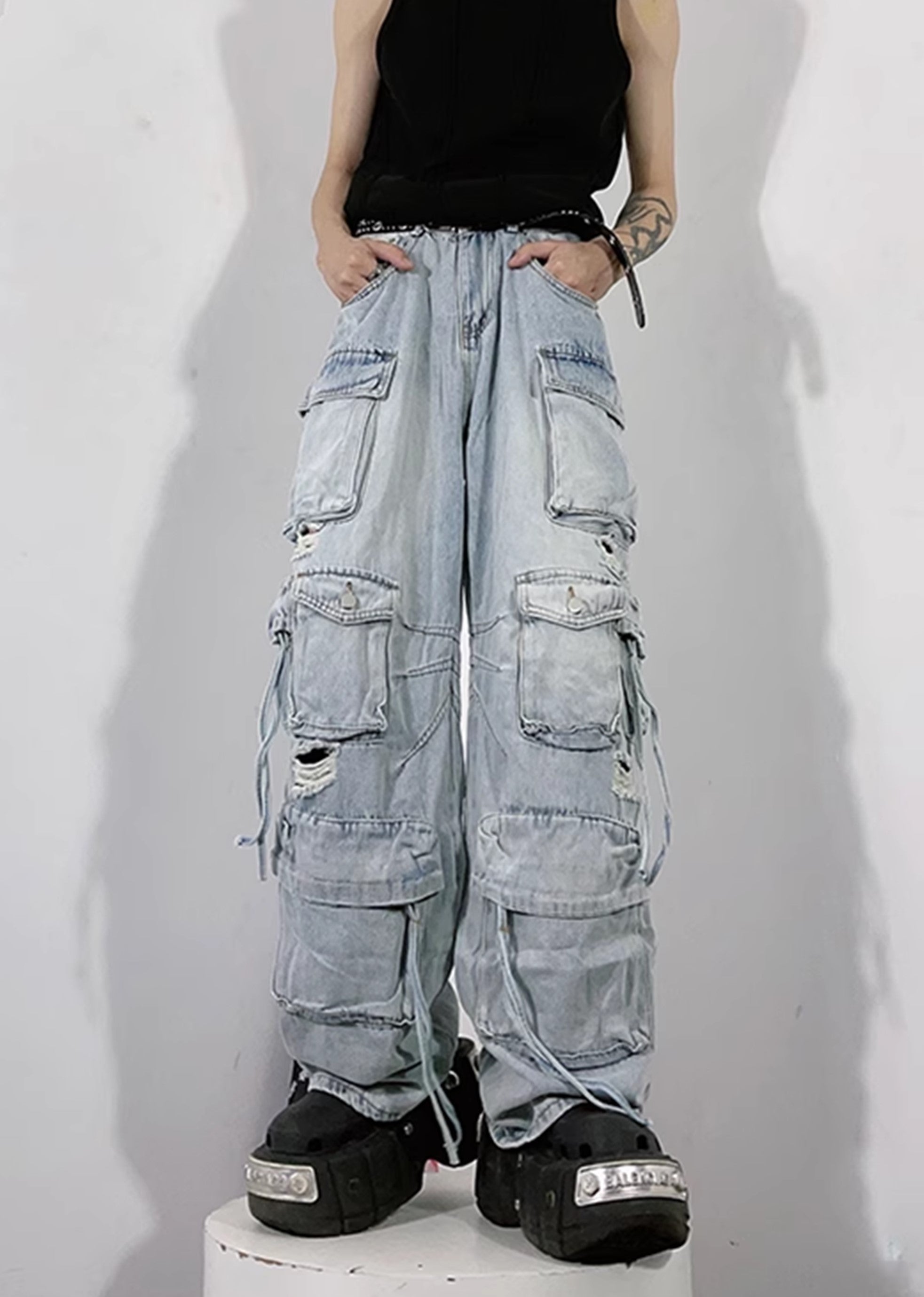 [76street] Countless pocket design dull vintage cargo rise denim pants ST0005