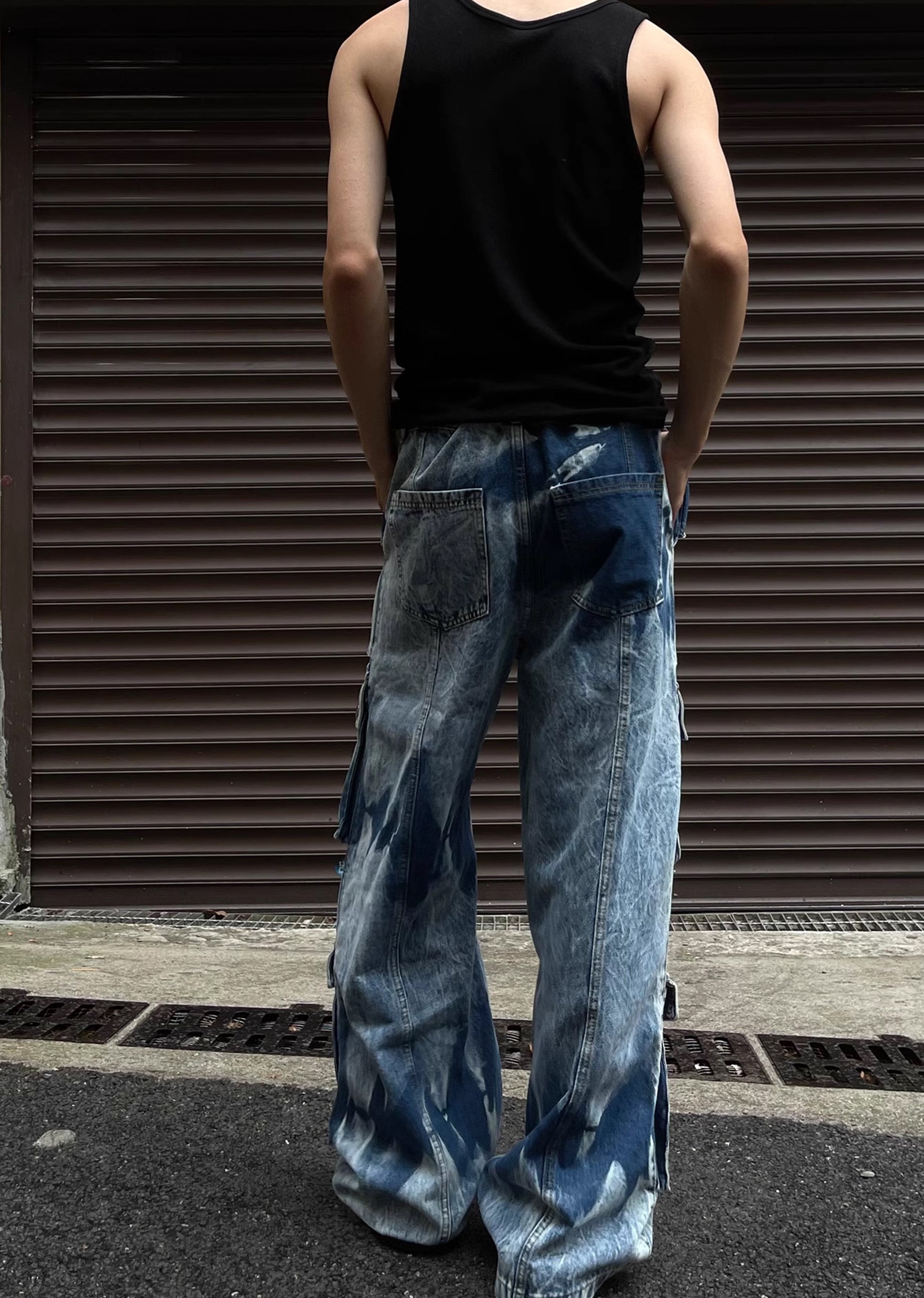 Random wash processing gimmick design blue denim pants