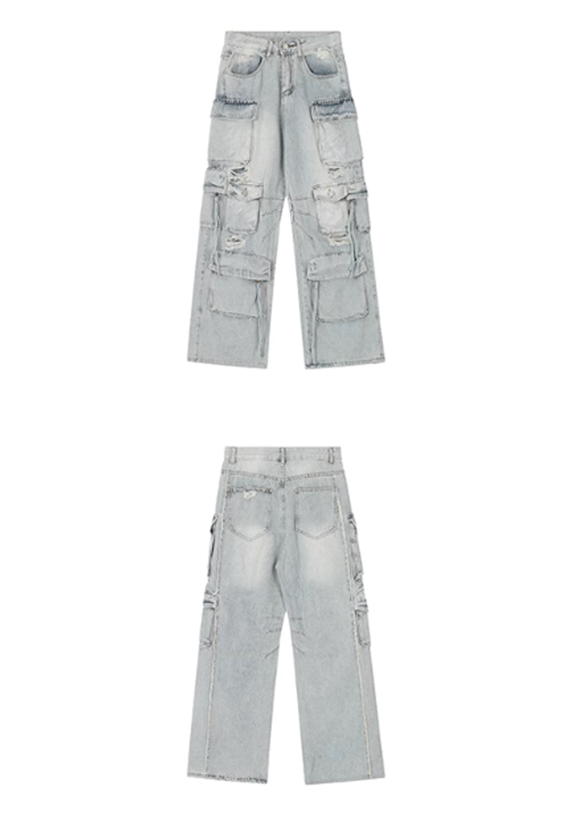 [76street] Countless pocket design dull vintage cargo rise denim pants ST0005