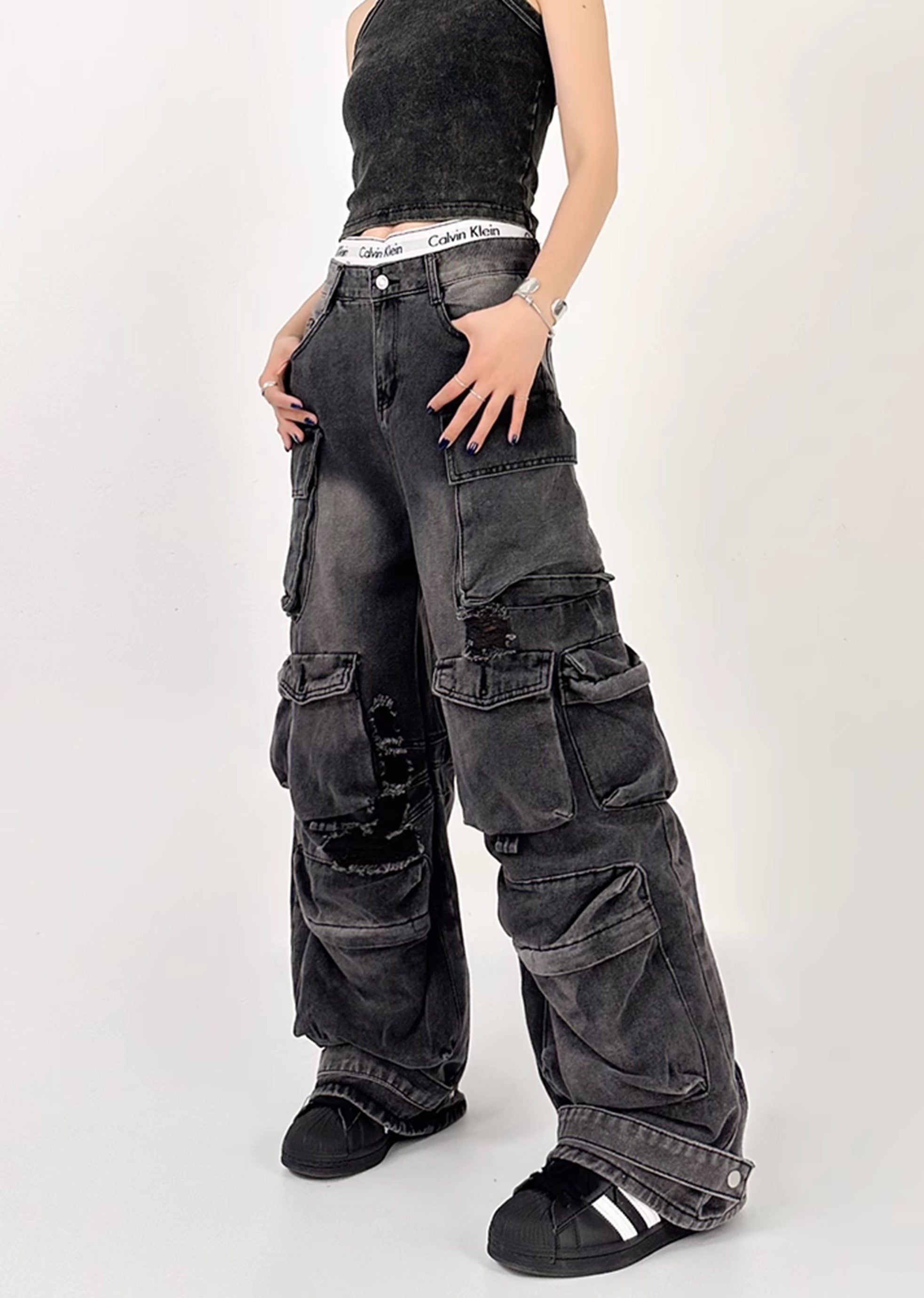 [4/29 New] Countless pocket design dull color wide bold denim pants HL3040