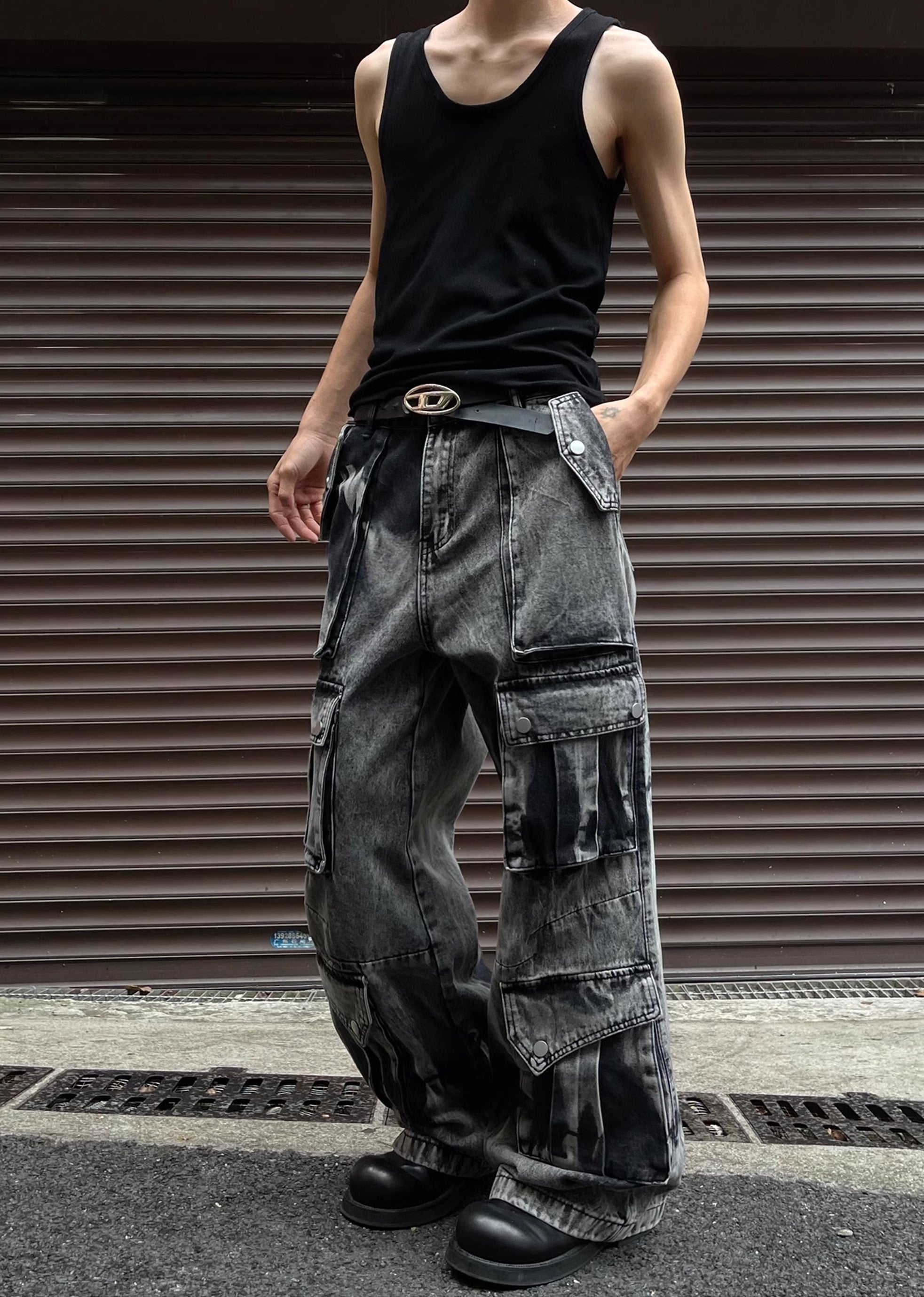 Random wash processing gimmick design gray denim pants MD0149