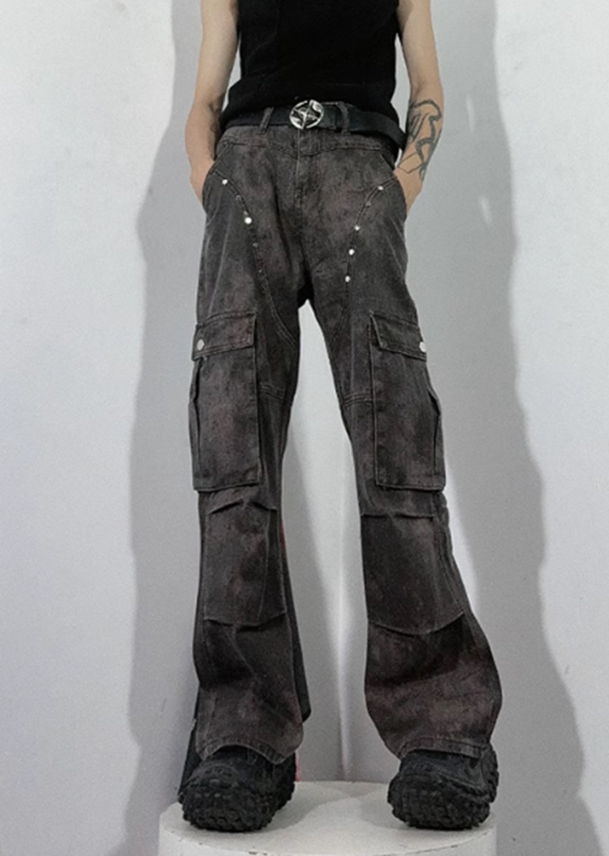 [76street] Dull grunge style vintage processed slim cargo denim pants ST0003