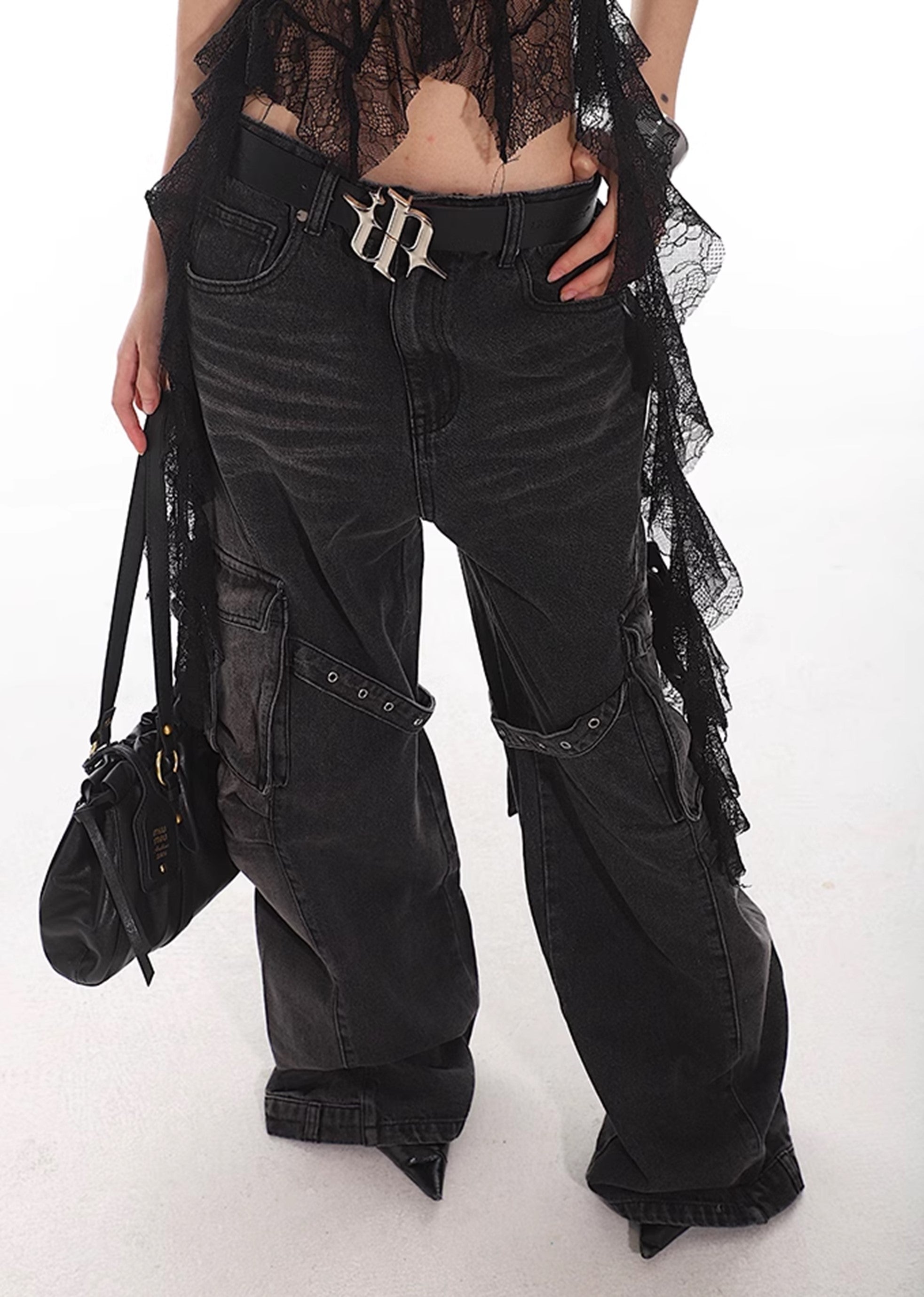 【UNCMHISEX】Side pocket suspender design grunge wash denim pants  UX0033