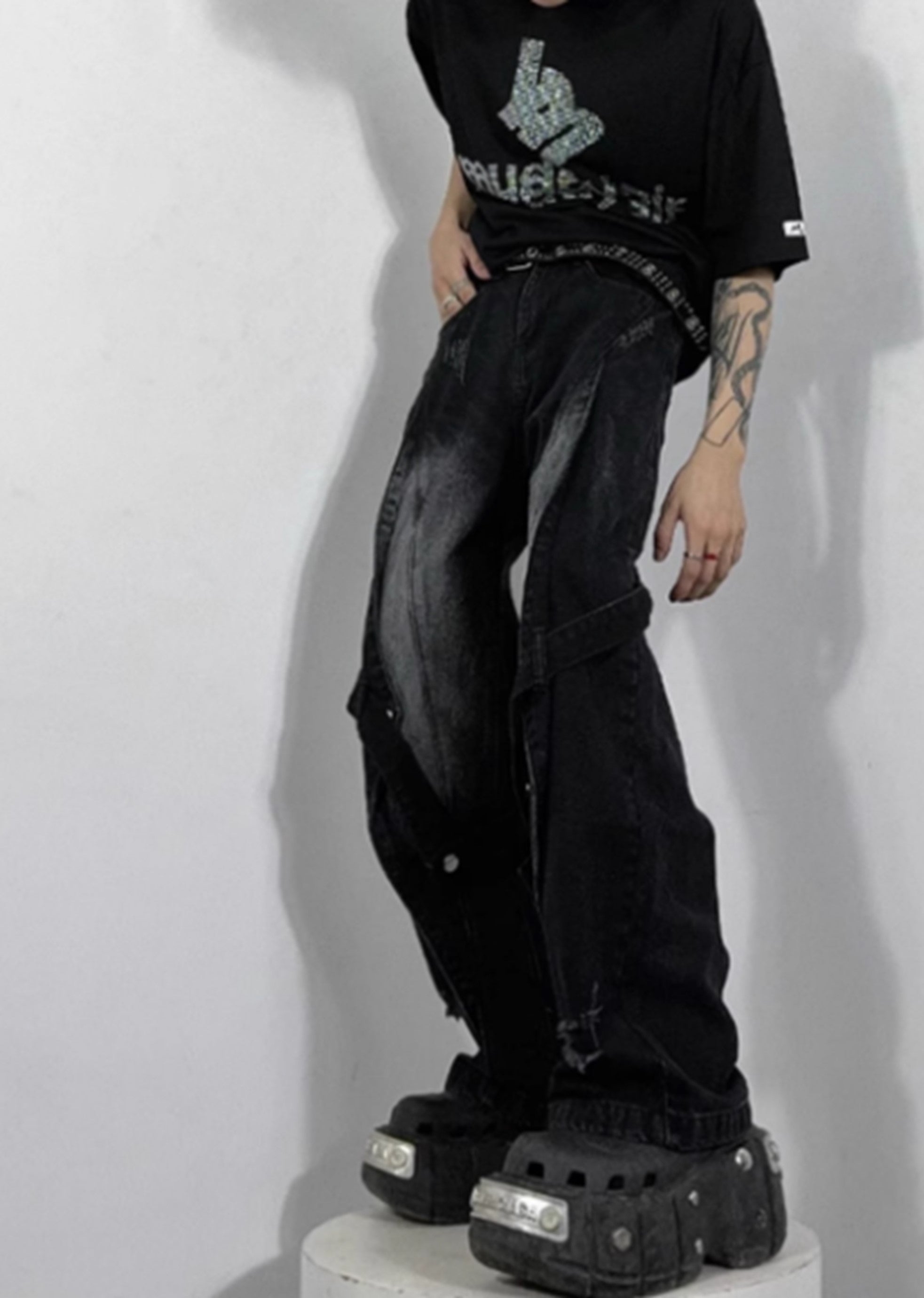 [76street] Dull washed vintage style suspender denim pants ST0008