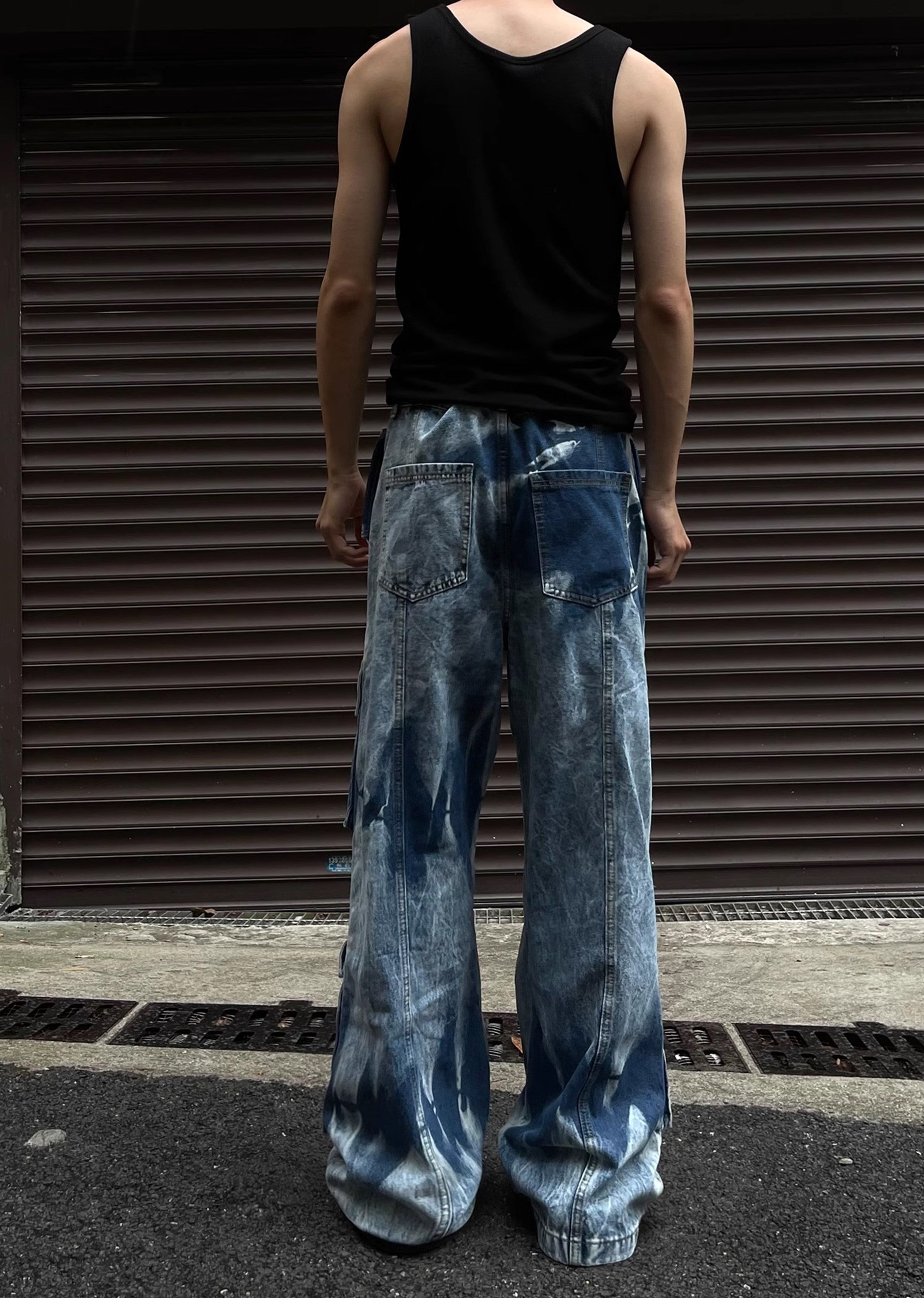 Random wash processing gimmick design blue denim pants