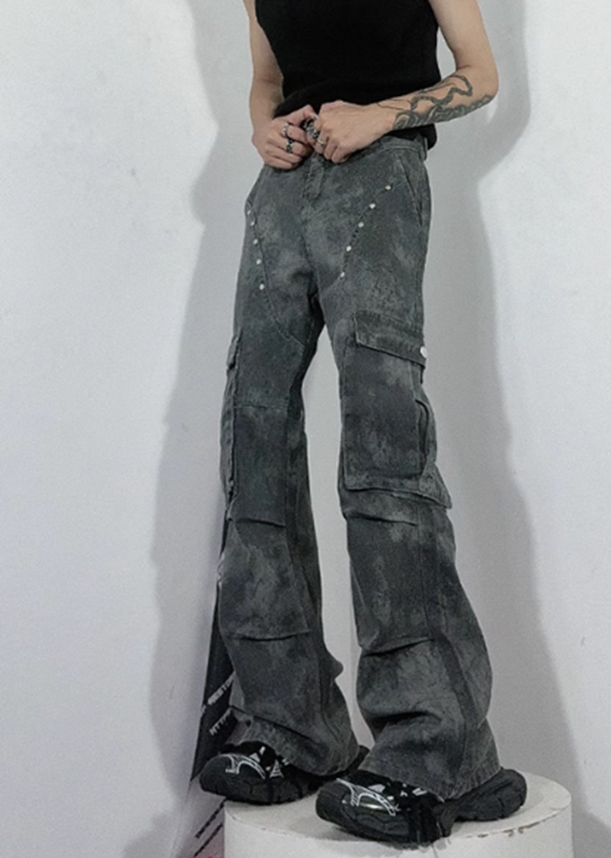 [76street] Dull grunge style vintage processed slim cargo denim pants ST0003