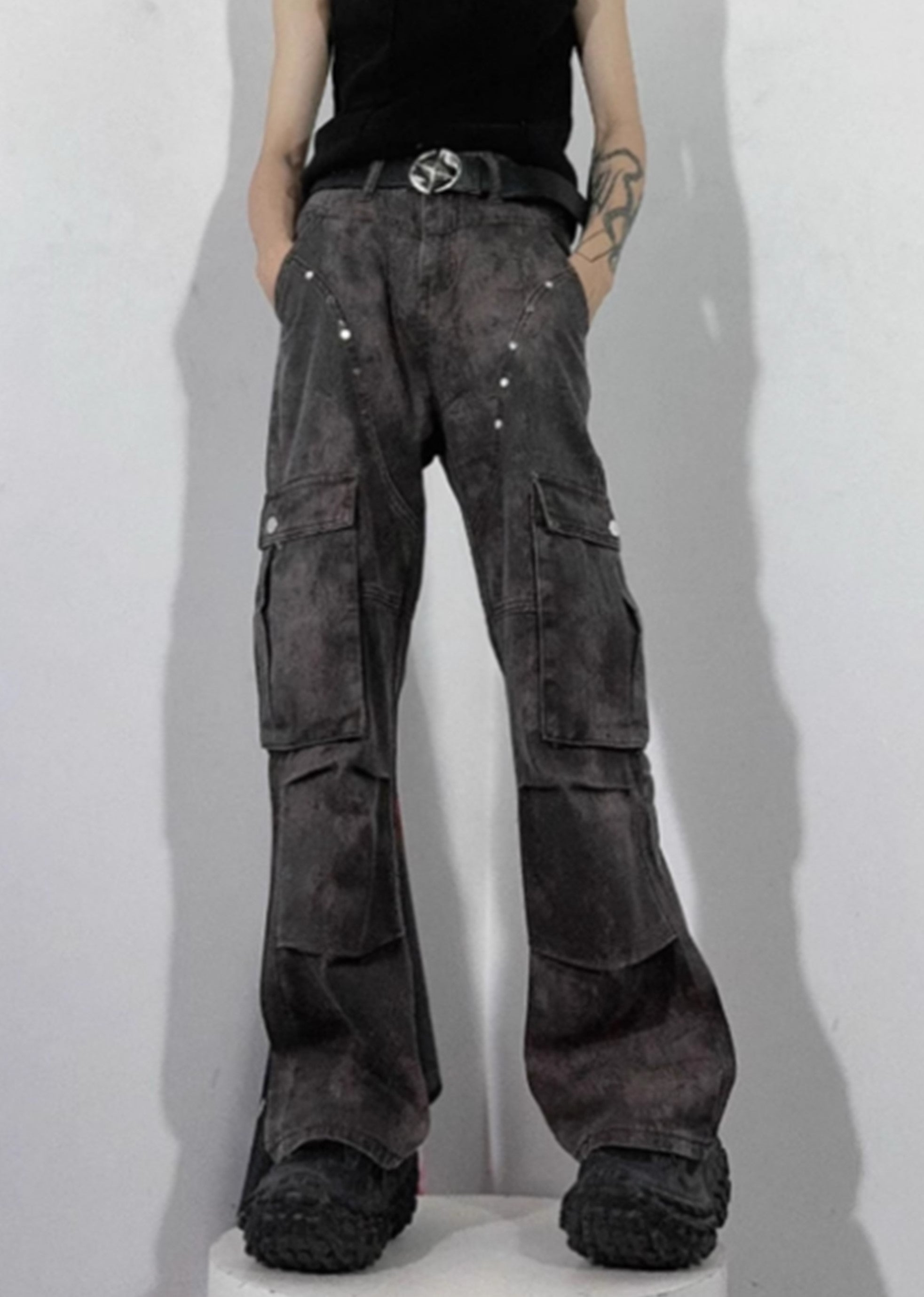 [76street] Dull grunge style vintage processed slim cargo denim pants ST0003