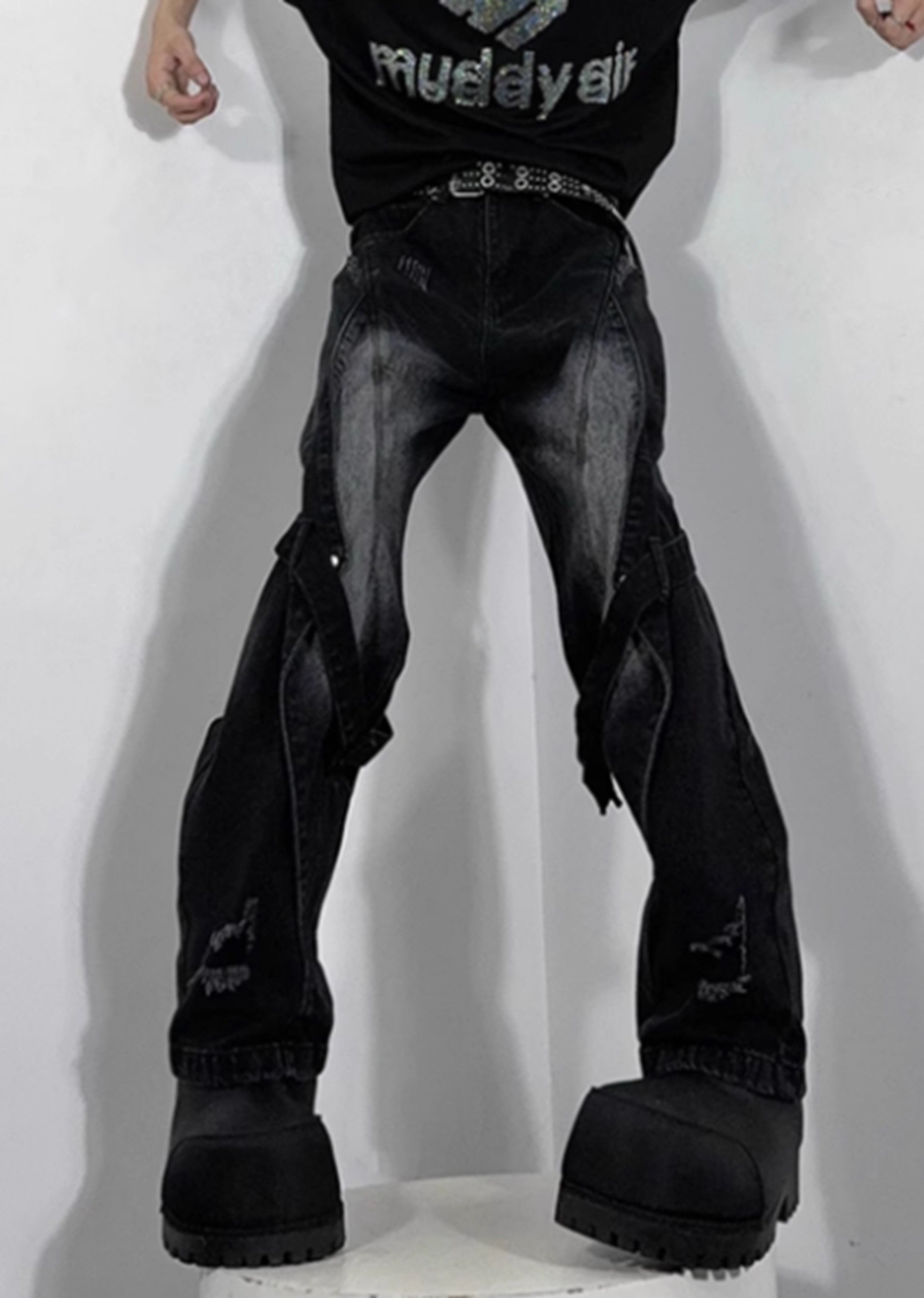 [76street] Dull washed vintage style suspender denim pants ST0008