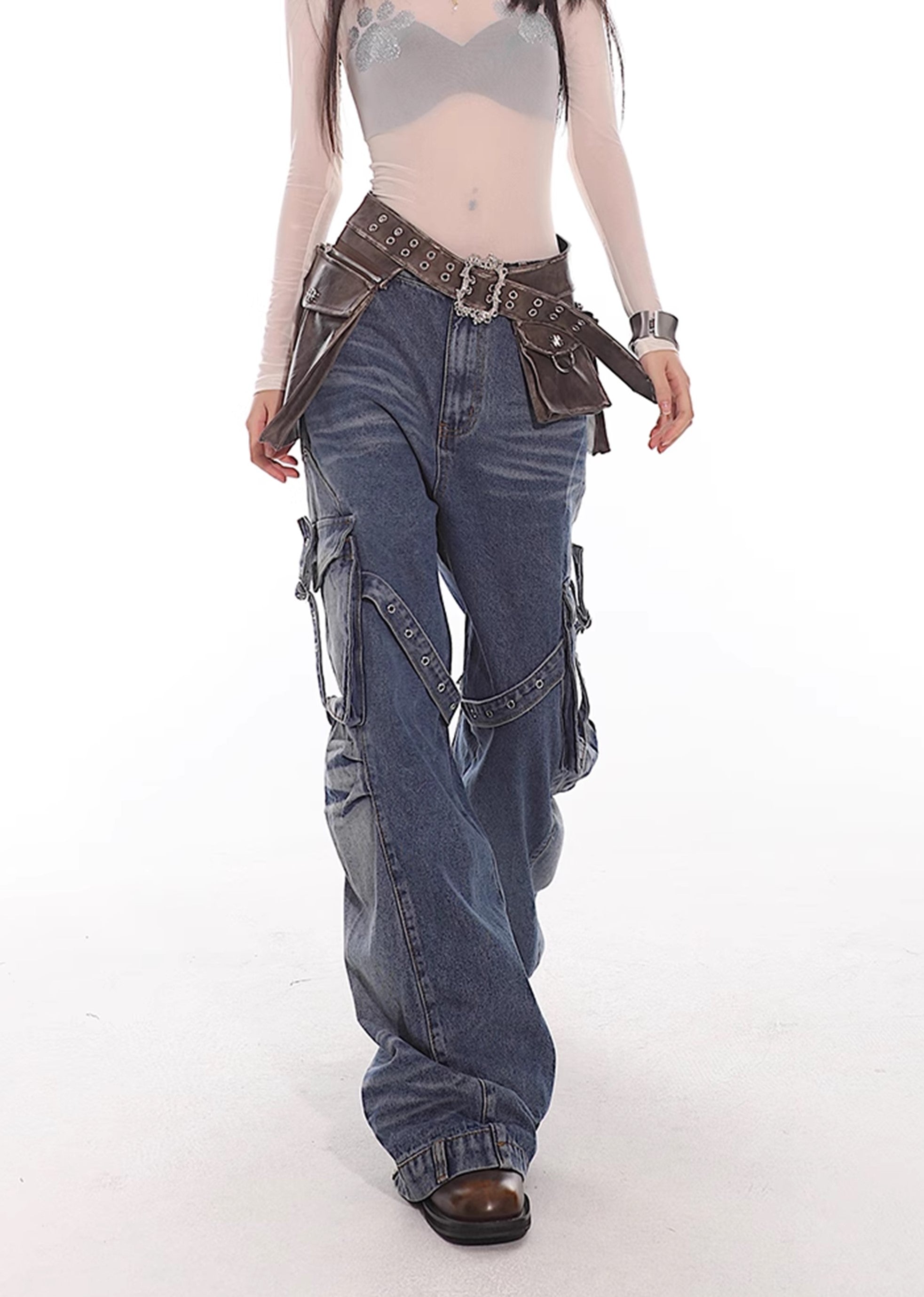 【UNCMHISEX】Side pocket suspender design grunge wash denim pants  UX0033