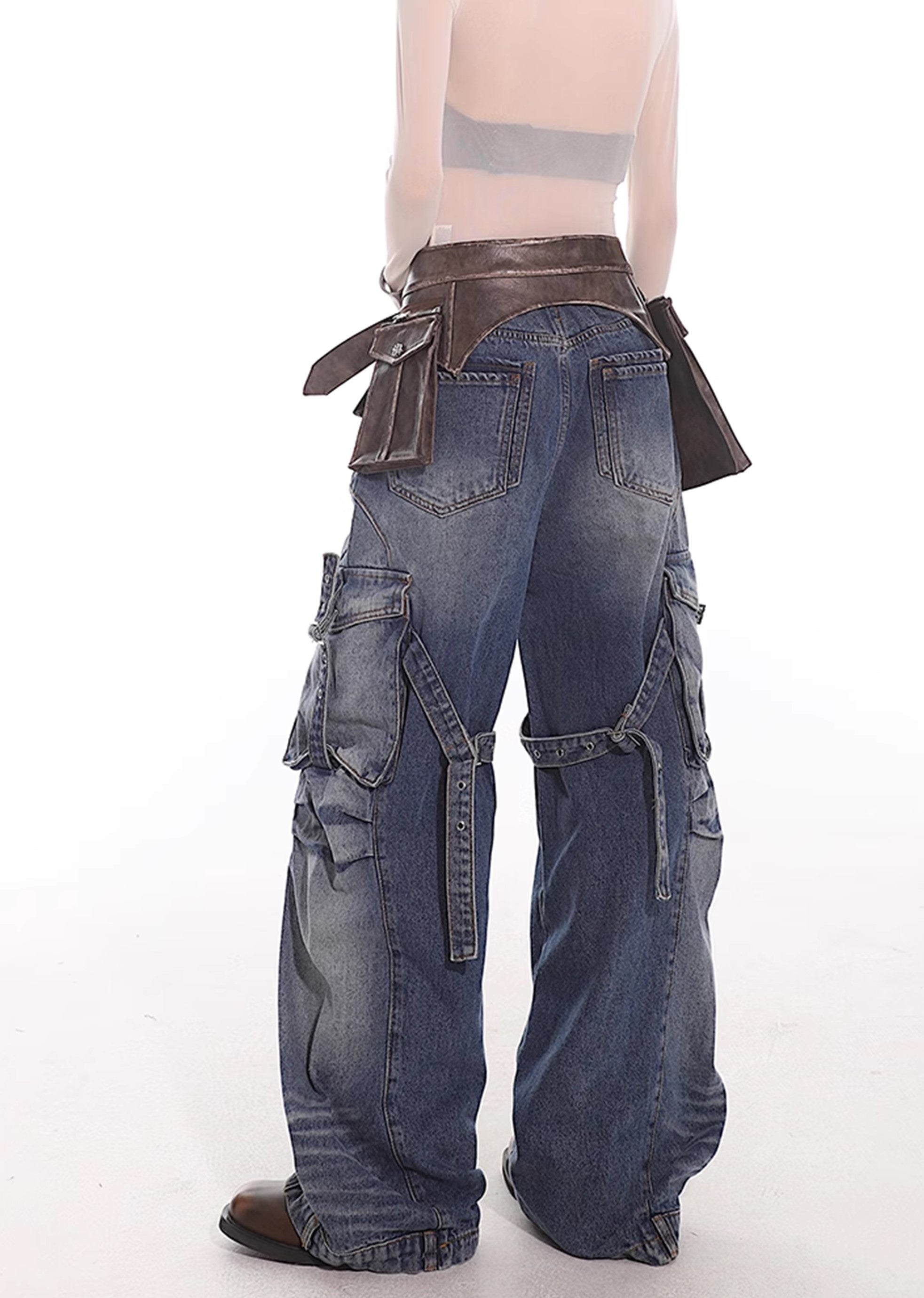 【UNCMHISEX】Side pocket suspender design grunge wash denim pants  UX0033