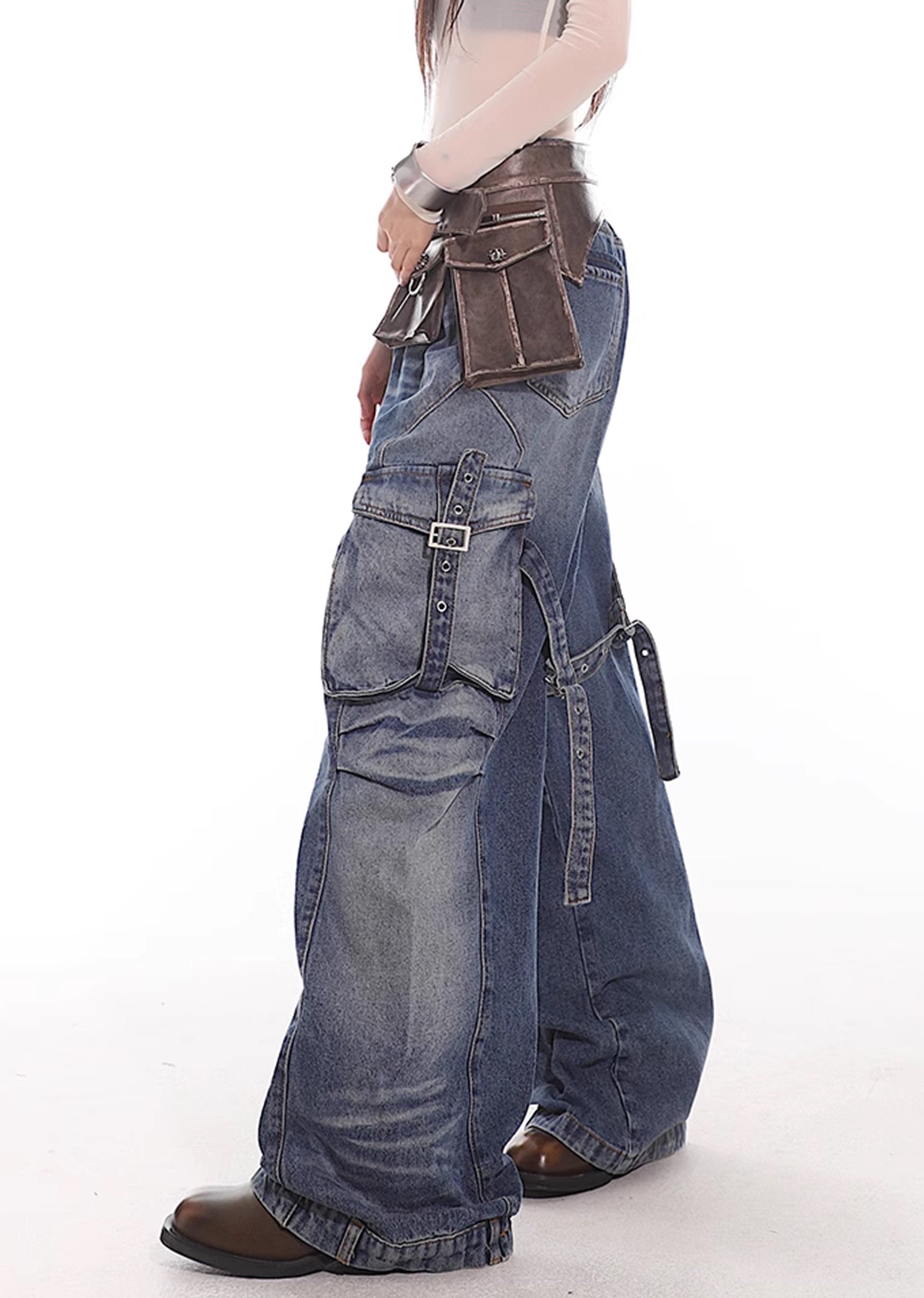 【UNCMHISEX】Side pocket suspender design grunge wash denim pants  UX0033