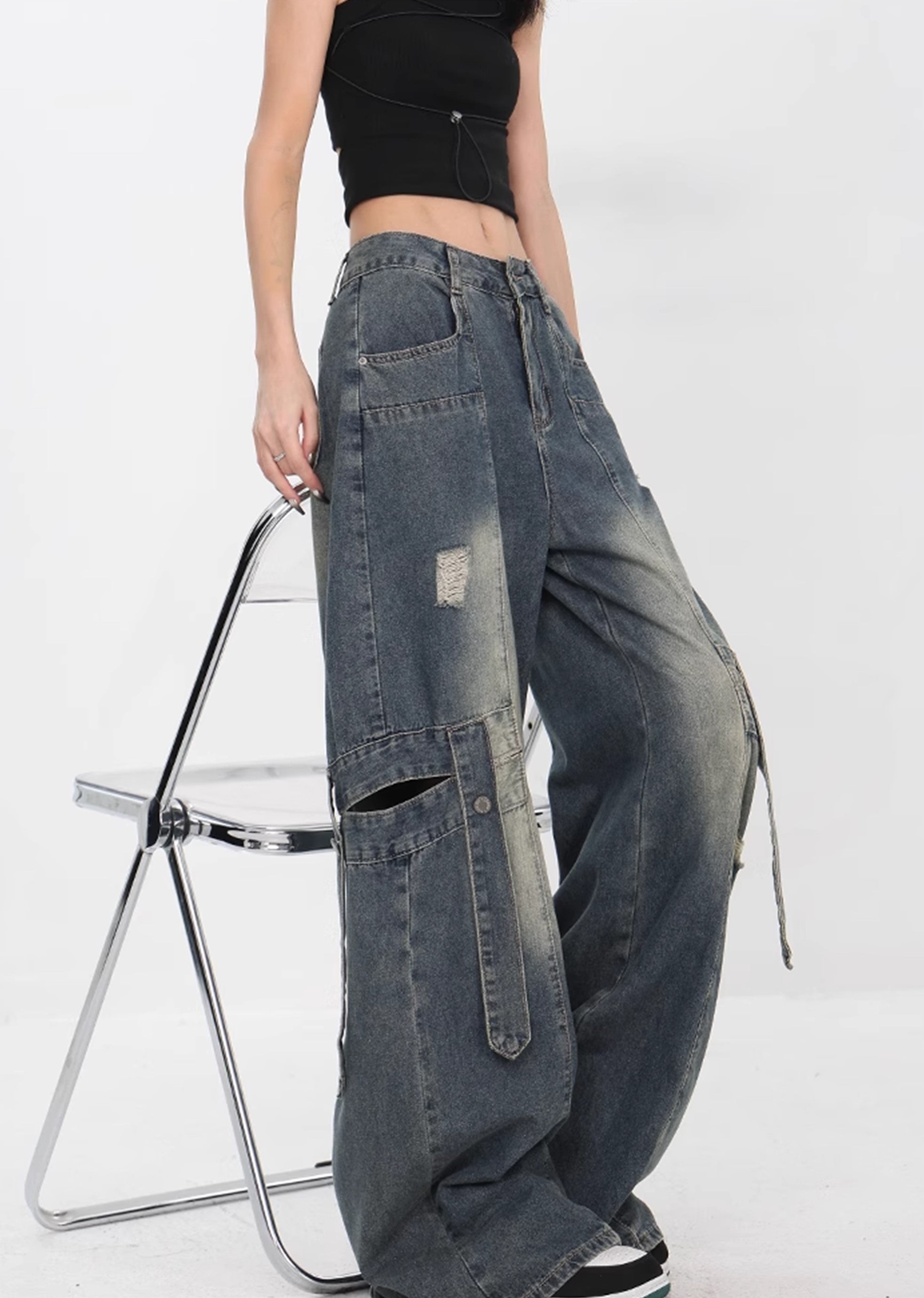 【Ken studio】Suspender design blue washed denim pants  KS0007