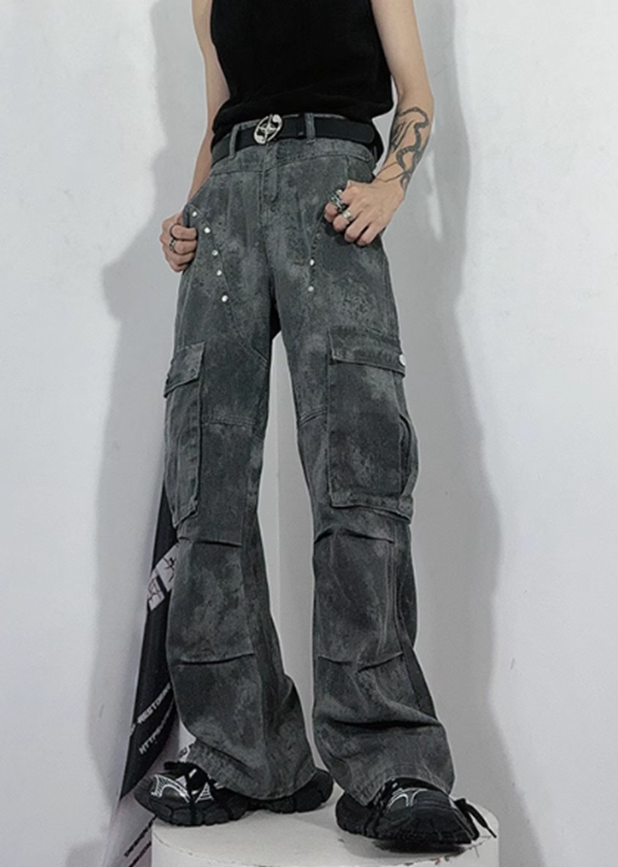 [76street] Dull grunge style vintage processed slim cargo denim pants ST0003