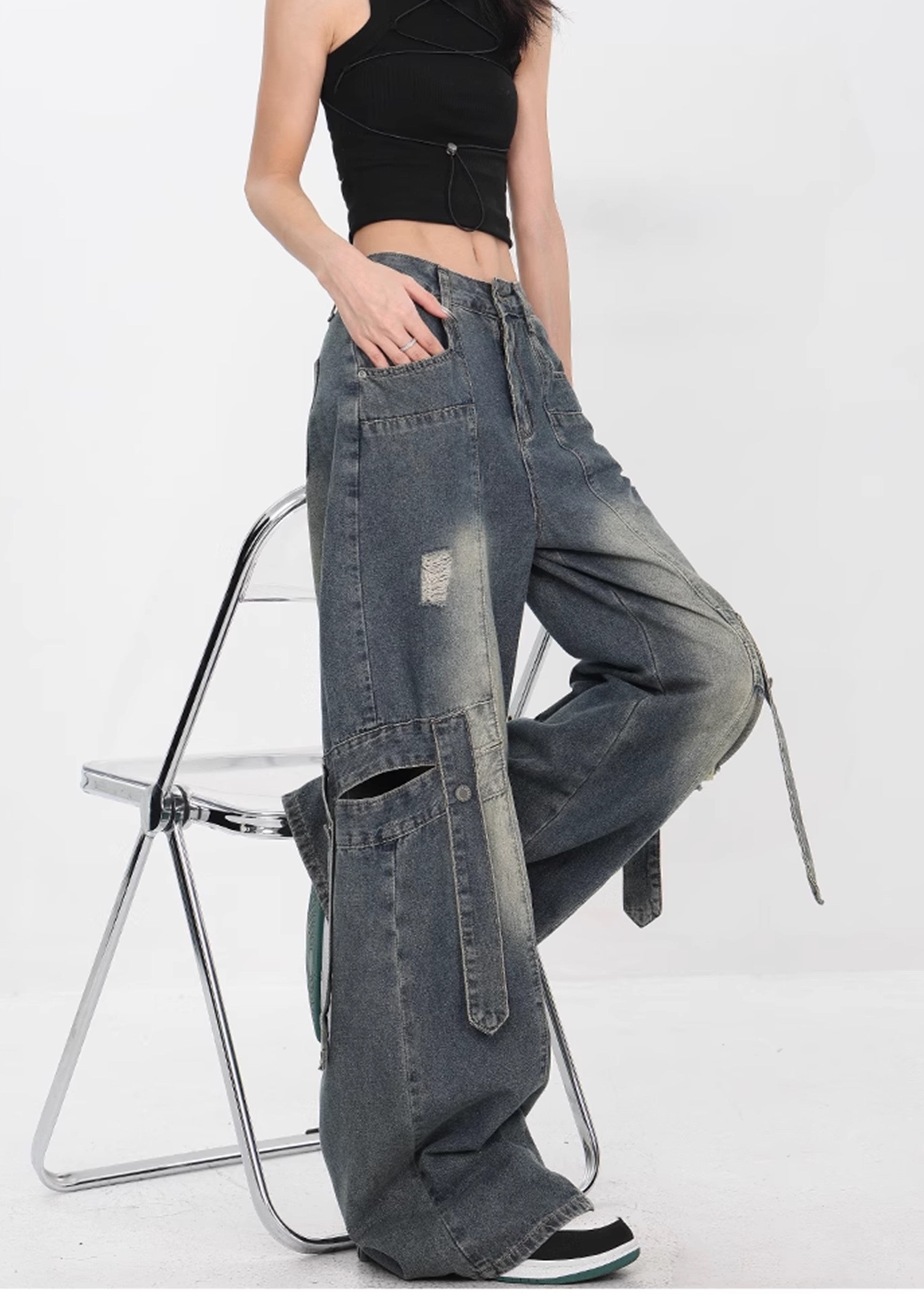 【Ken studio】Suspender design blue washed denim pants  KS0007