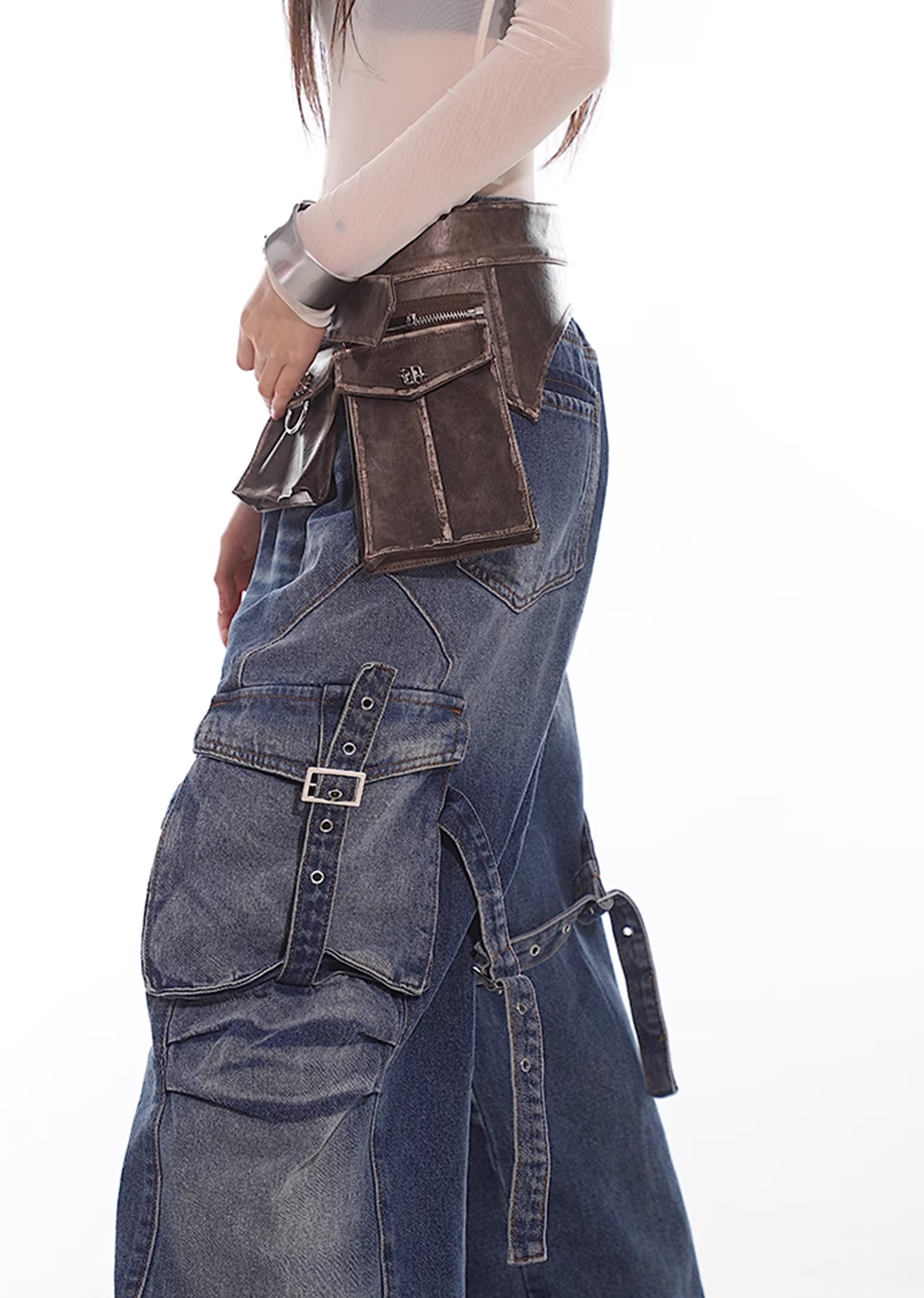 【UNCMHISEX】Side pocket suspender design grunge wash denim pants  UX0033