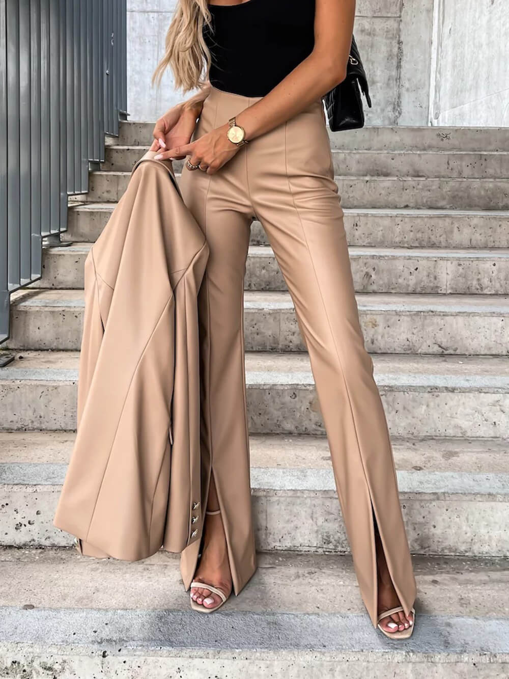 Casual Slit Pu Leather Pants