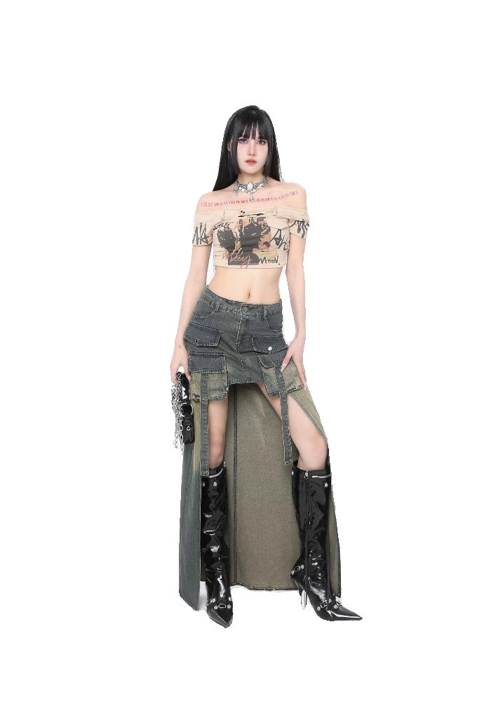 【ROY11】Unique front and back design washed denim skirt  RY0015