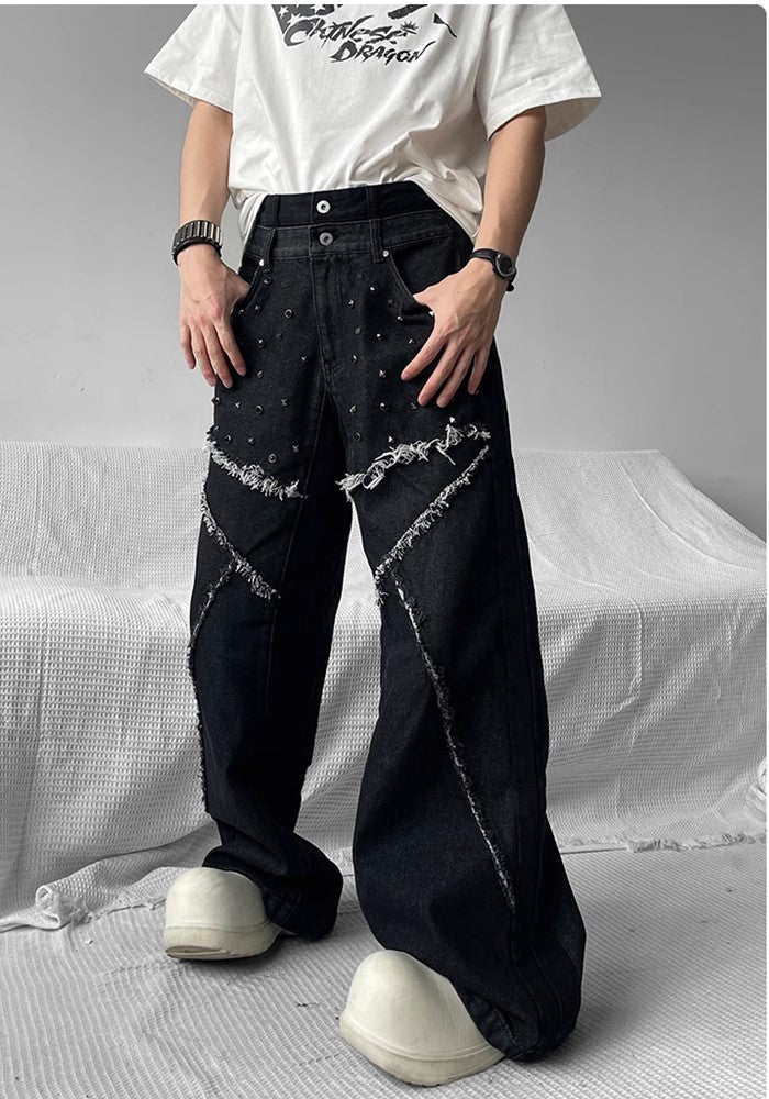 【SHUNP】Fringe patch multi-design wide over denim pants  SP0005