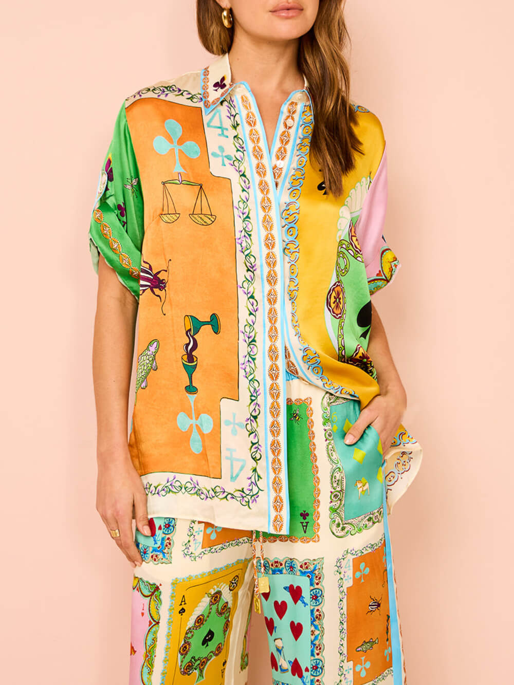 Fun Summer Unique Printed Button Up Oversized Shirt Outfit