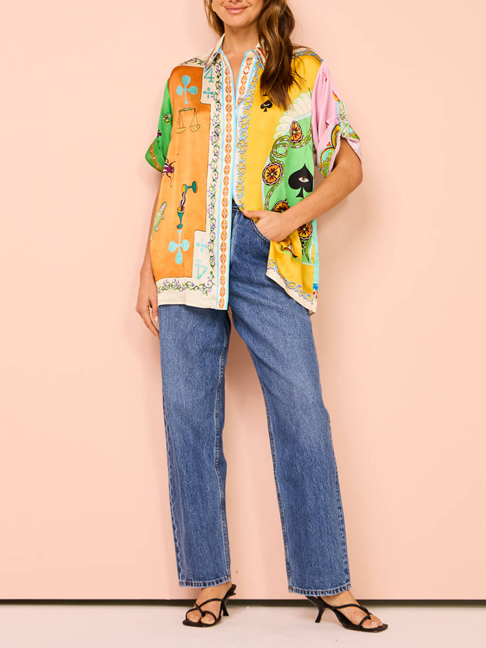 Fun Summer Unique Printed Button Up Oversized Shirt Outfit