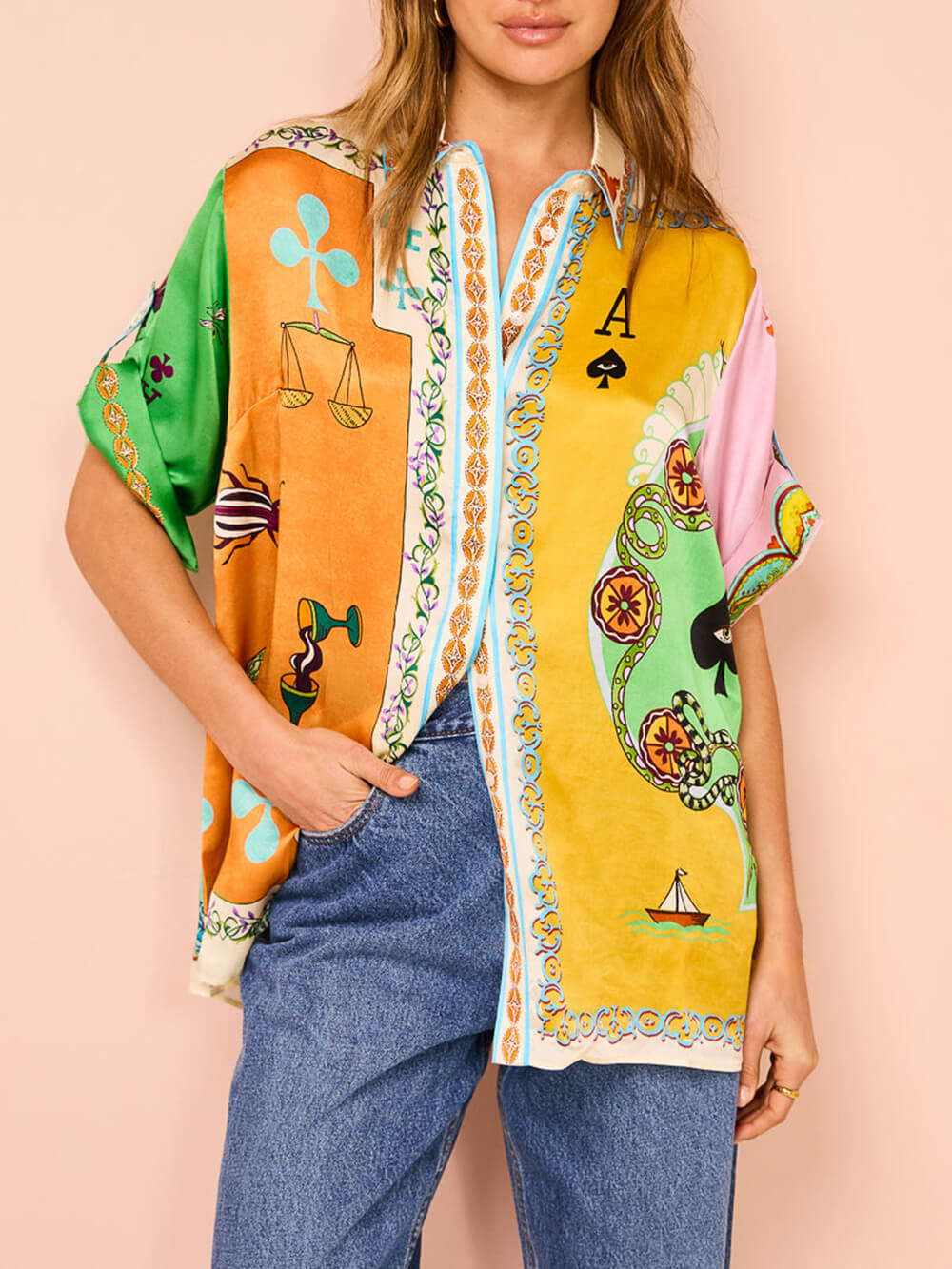 Fun Summer Unique Printed Button Up Oversized Shirt Outfit