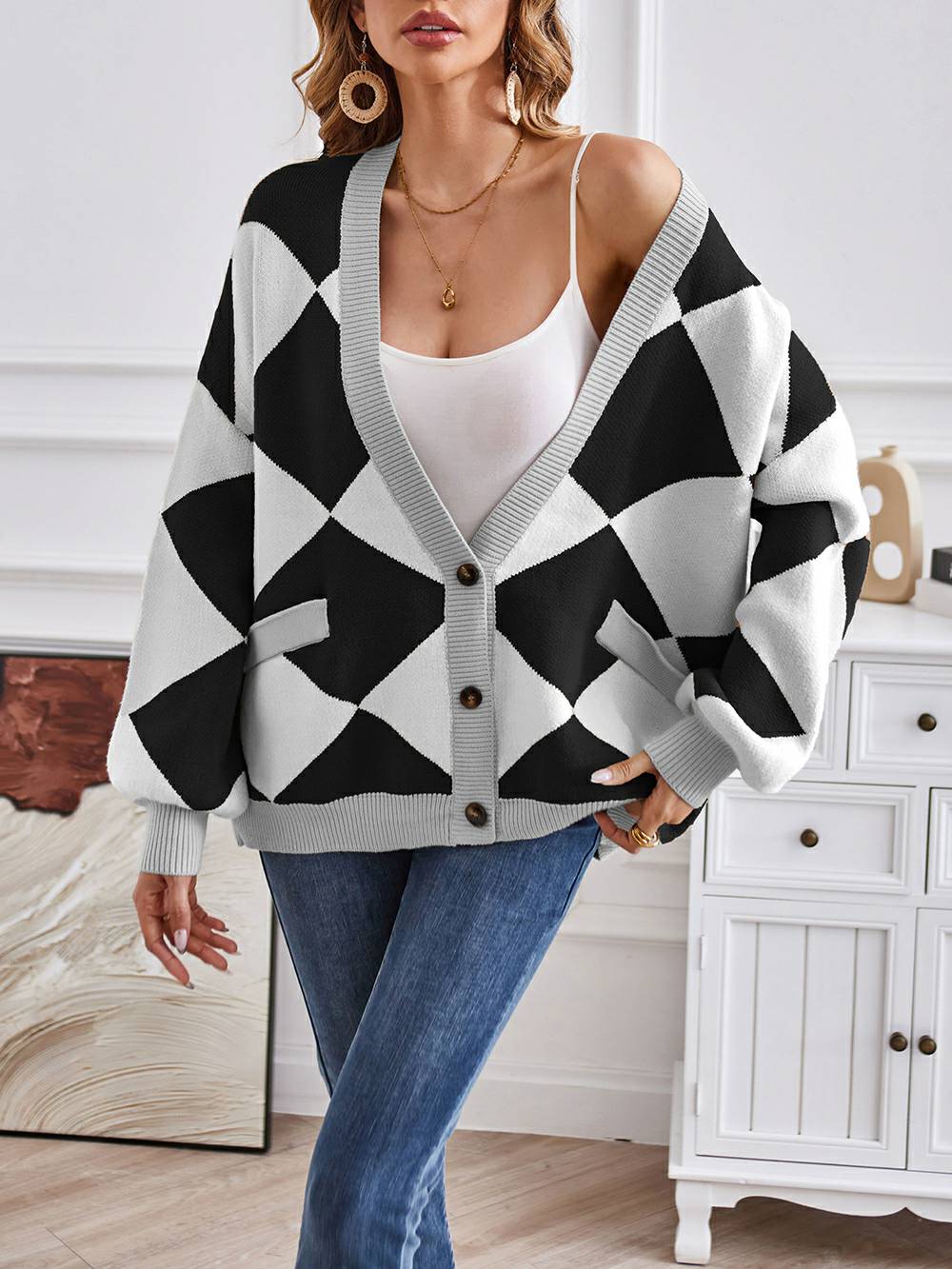 V-Neck Geometric Color Block Knit Cardigan