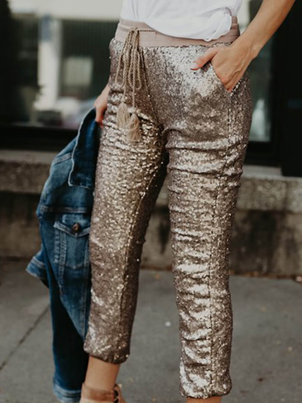 Sequined Elastic Waist Tie Trousers