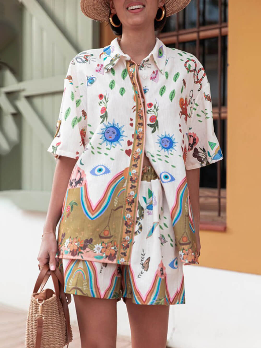 Unique Print Button Loose Shirt Aad Elastic Waist Pocket Shorts Set