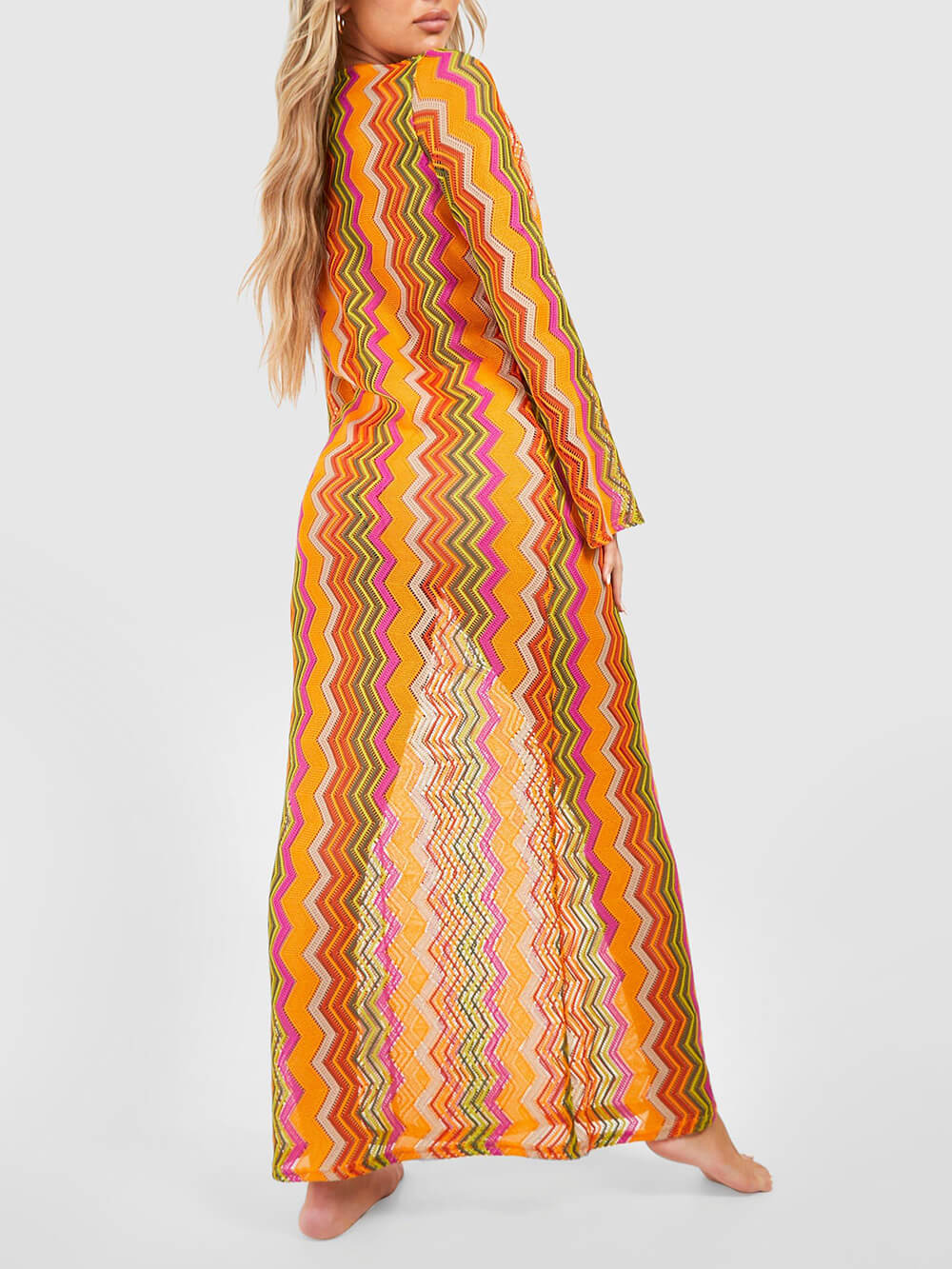 Orange Soda Stripe Print O-Ring Long Sleeve Beach Maxi Dress