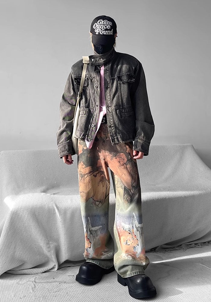 【SHUNP】All-over art illustration design wide silhouette dull denim pants  SP0001