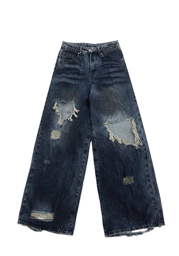 【MICHINNYON】Mid-length distressed navy denim wide pants  MY0004