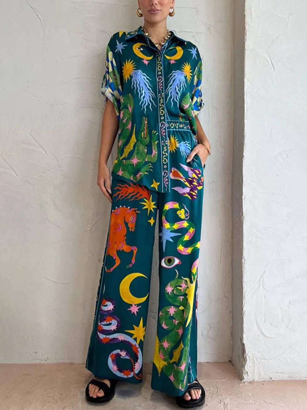 Unique Print Elastic Waist Pocketed Wide Leg Pants Set