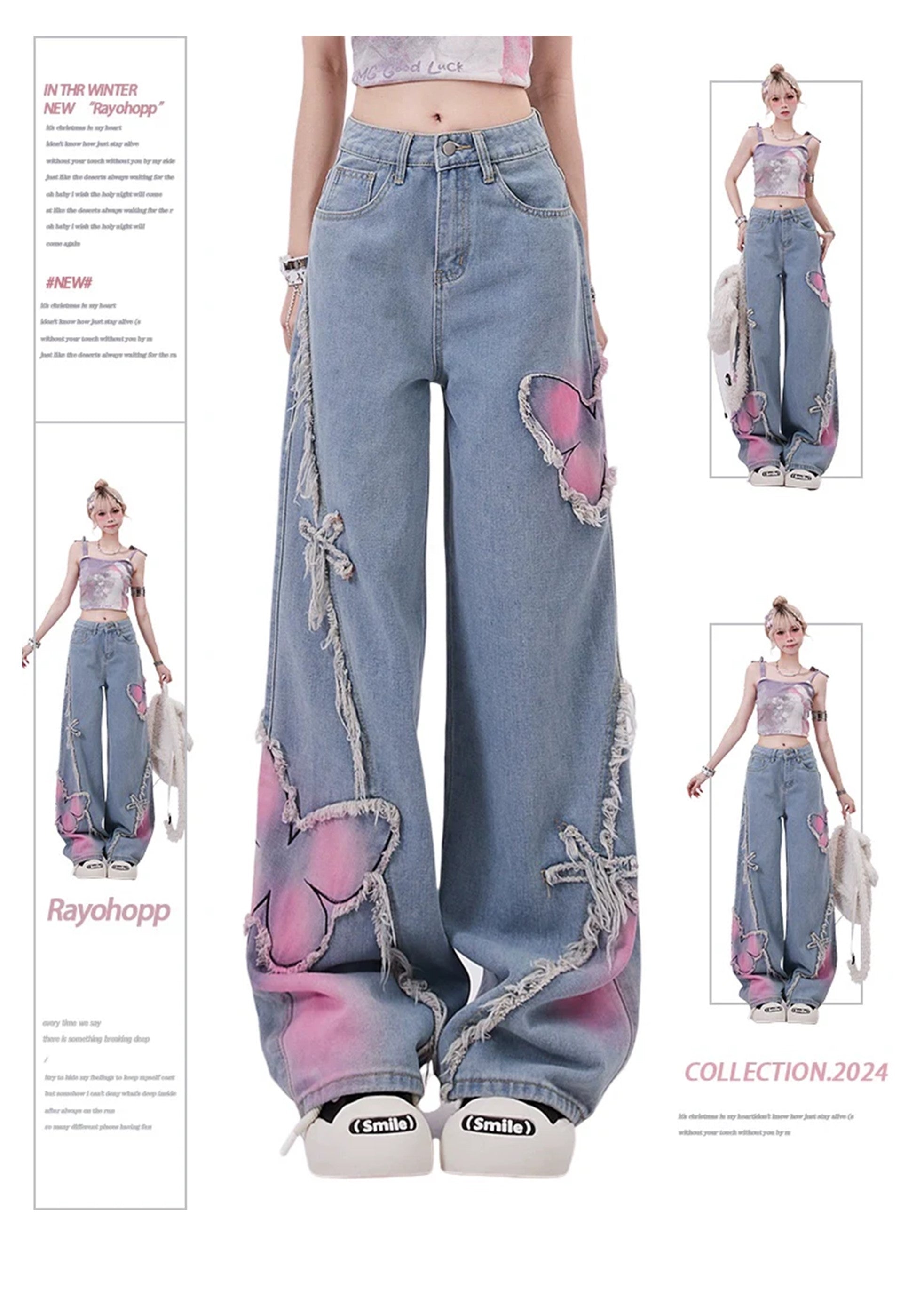 [Rayohopp] Color butterfly design attachment balance denim pants RH0108