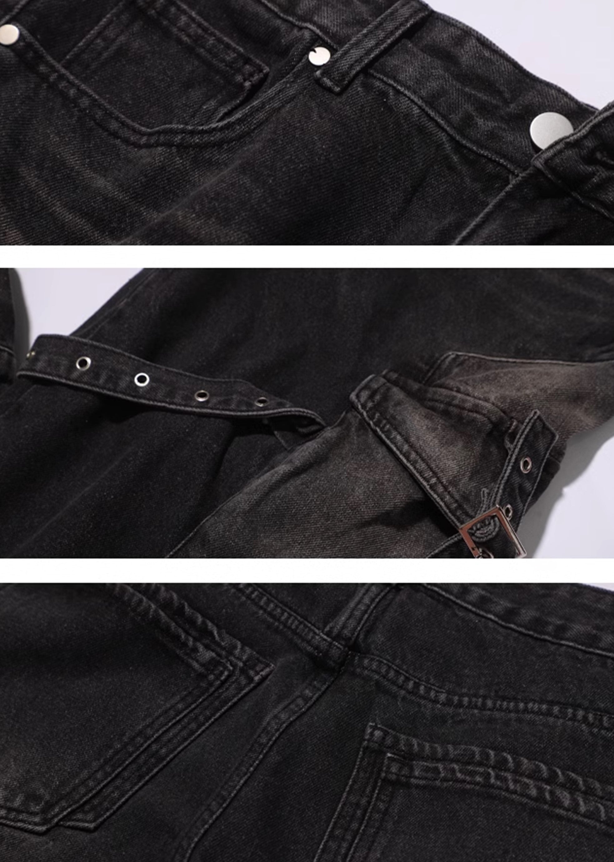 【UNCMHISEX】Side pocket suspender design grunge wash denim pants  UX0033