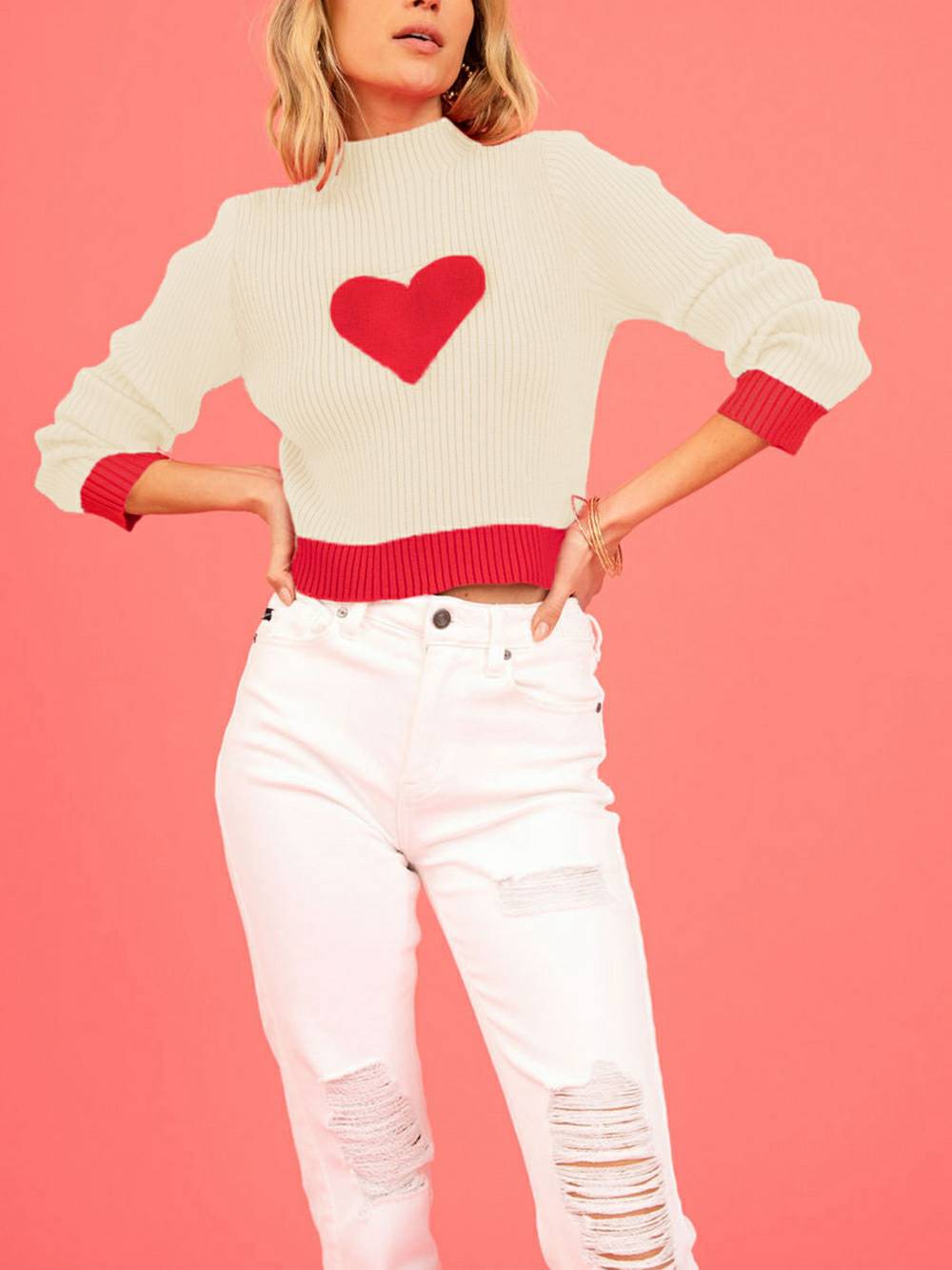 Valentine's Day Heart Pattern Turtleneck Knit Sweater