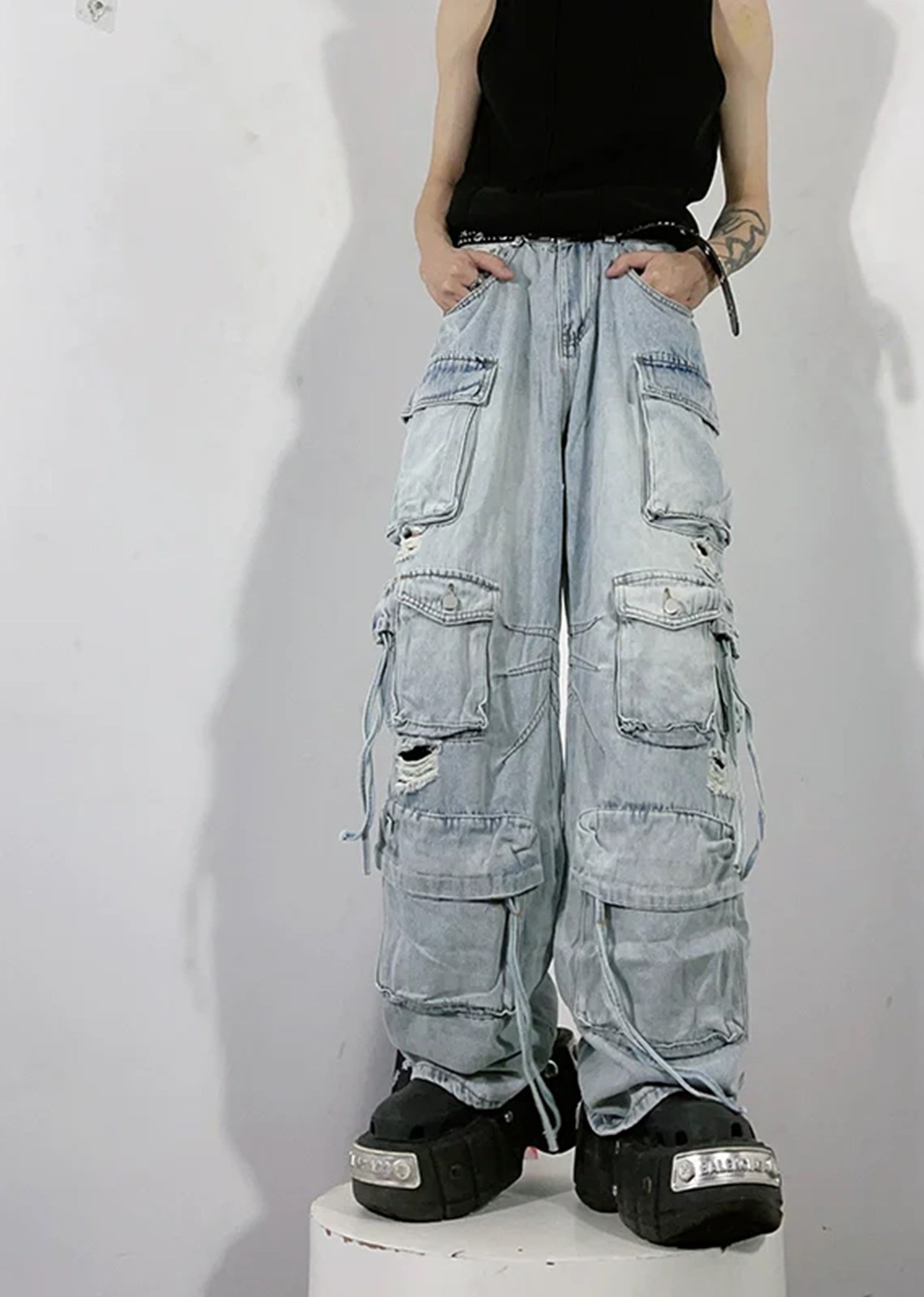 [76street] Countless pocket design dull vintage cargo rise denim pants ST0005