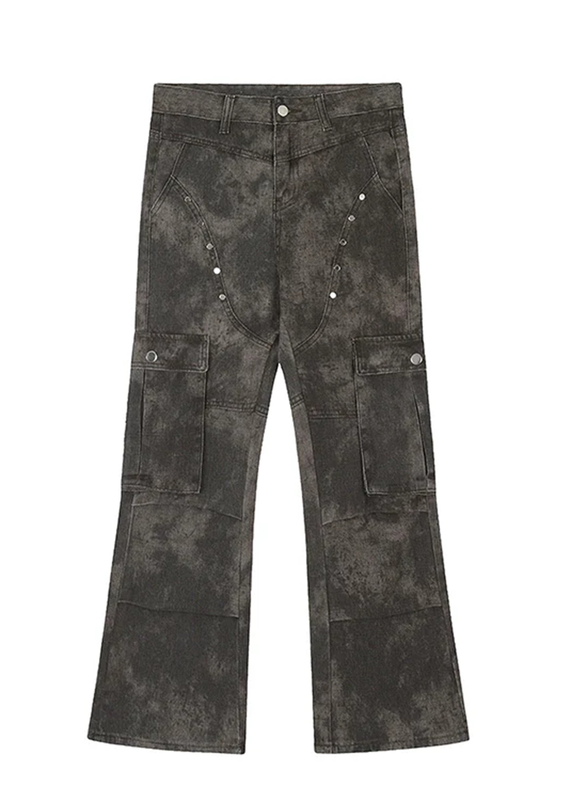 [76street] Dull grunge style vintage processed slim cargo denim pants ST0003