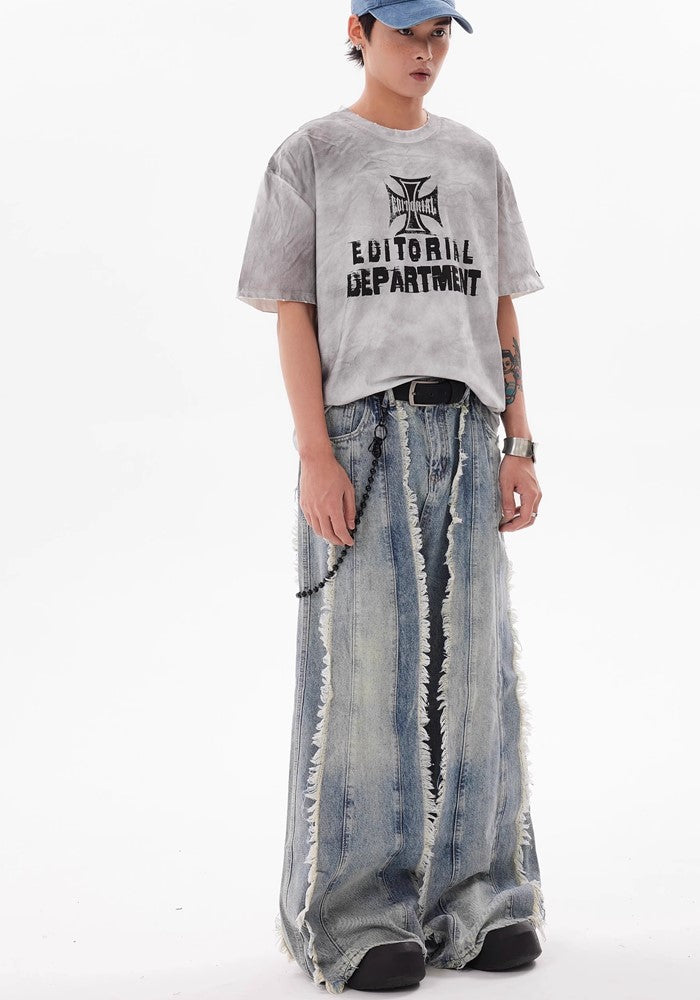 【BTSG】Fringe full design distressed broken dull blue denim pants  BS0023