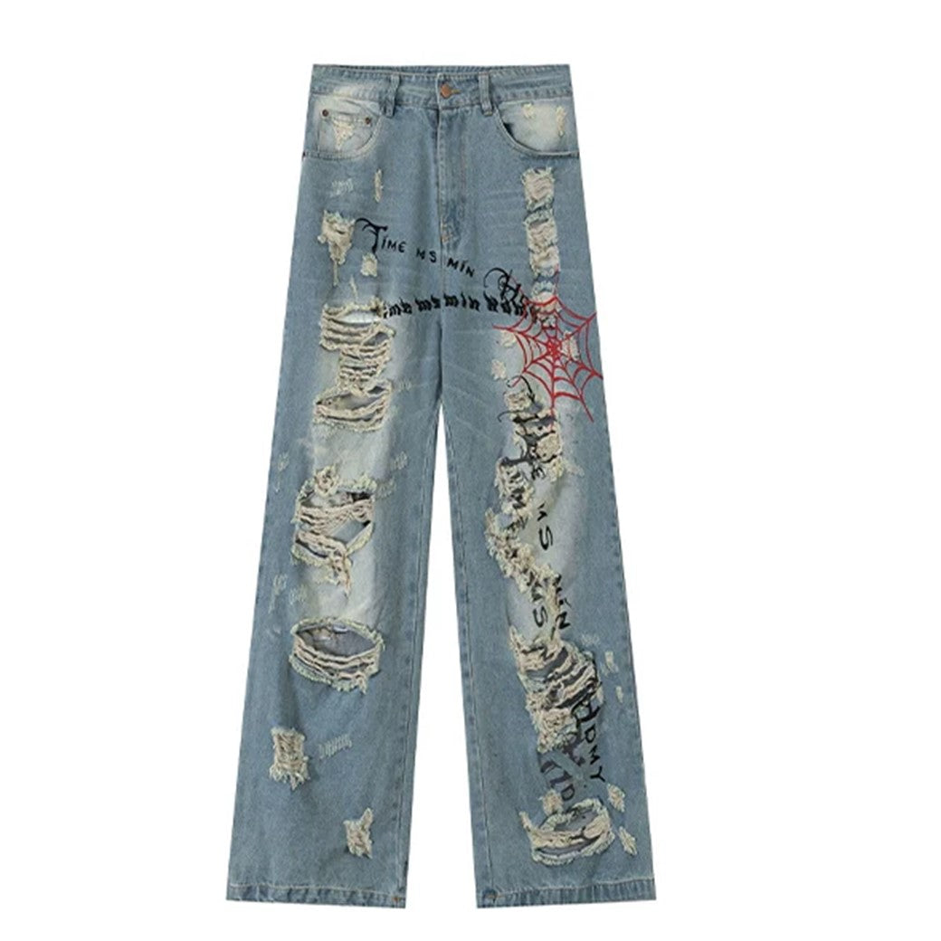 [NIUGULU] Distressed wide silhouette spider design denim pants NG0034