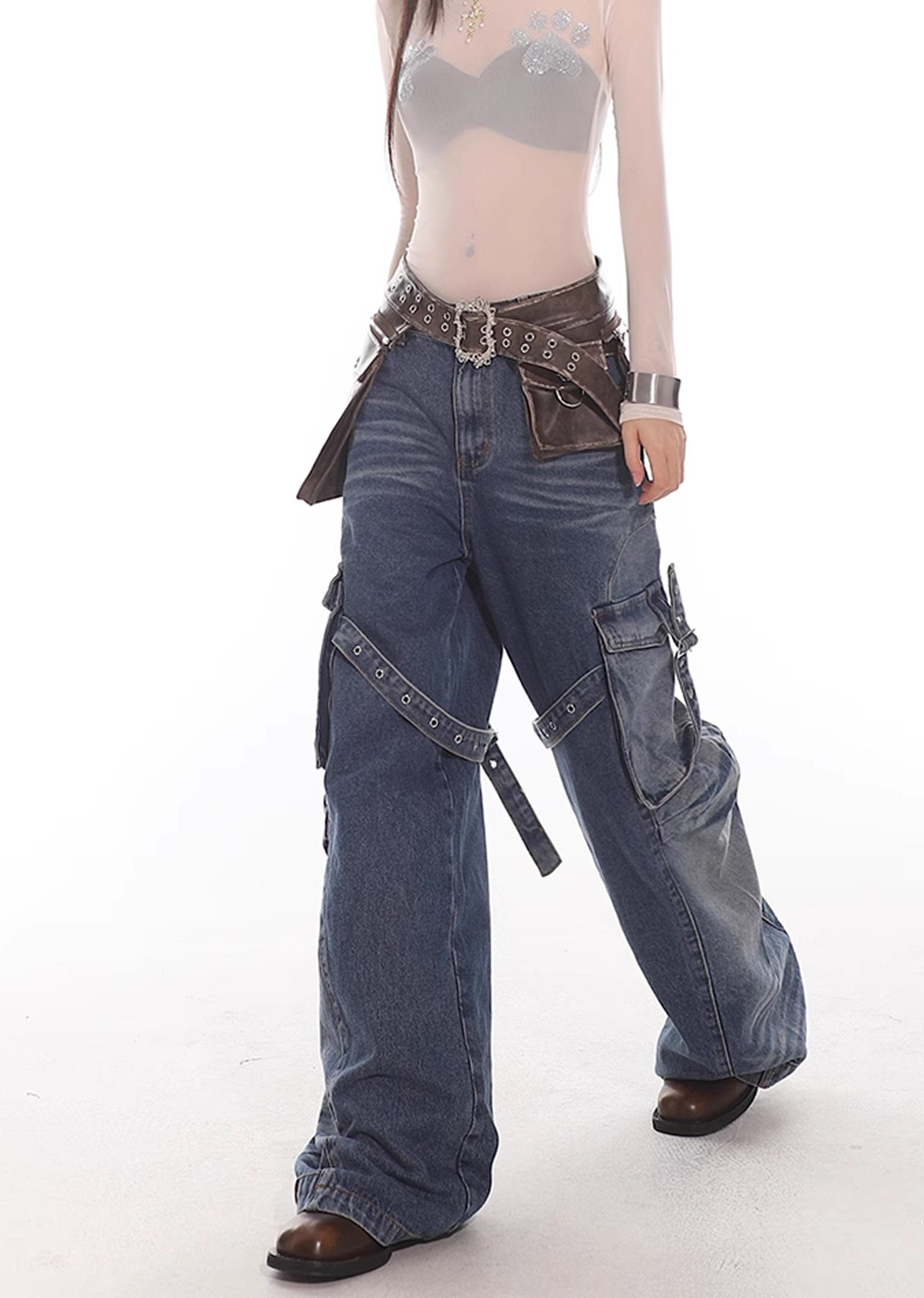 【UNCMHISEX】Side pocket suspender design grunge wash denim pants  UX0033