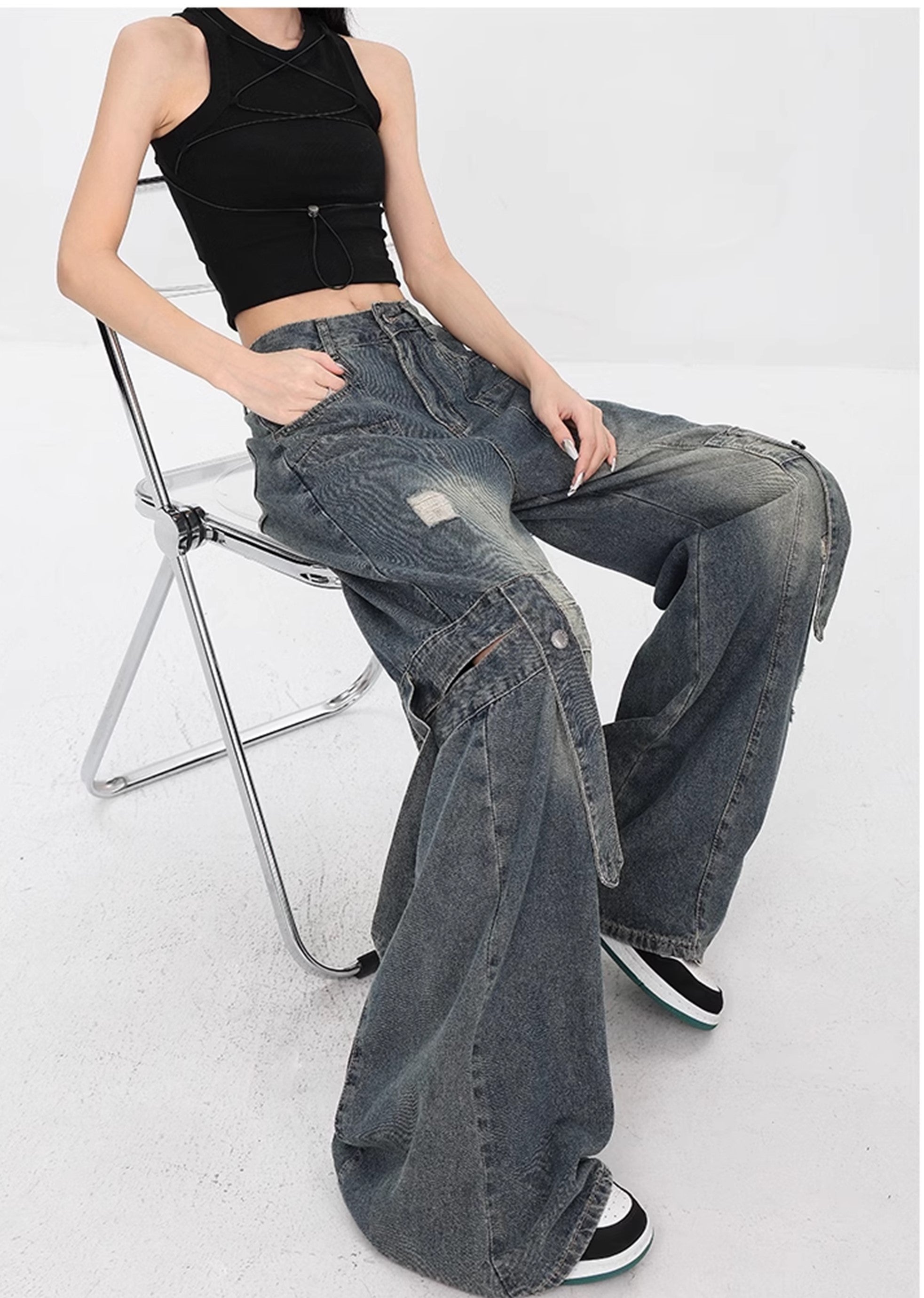 【Ken studio】Suspender design blue washed denim pants  KS0007