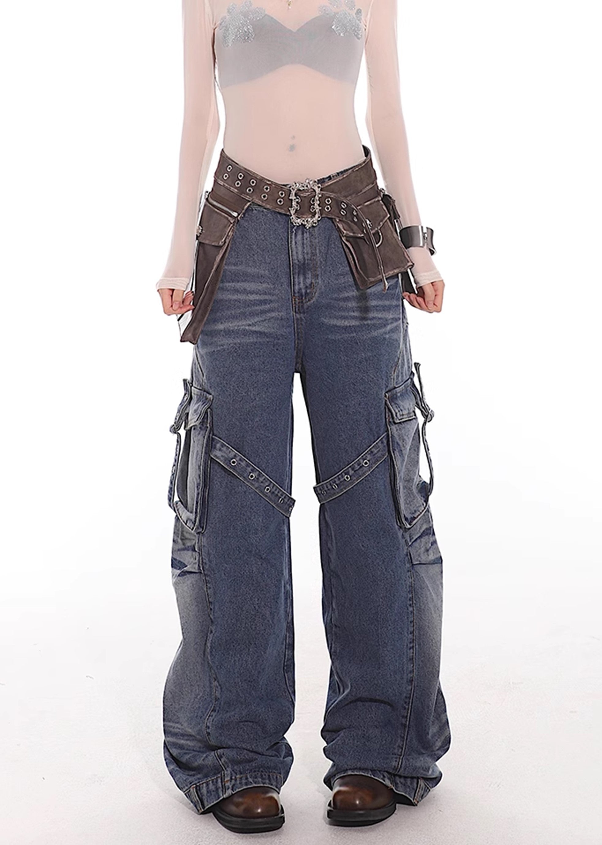 【UNCMHISEX】Side pocket suspender design grunge wash denim pants  UX0033