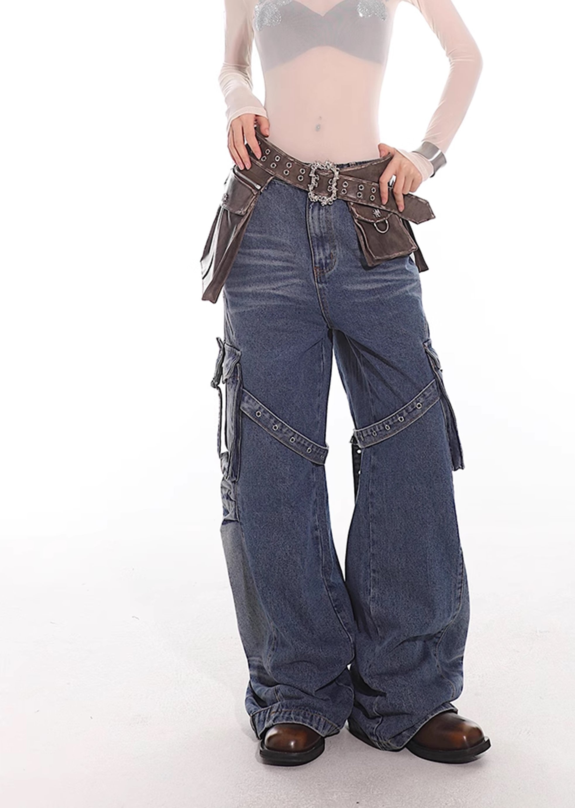 【UNCMHISEX】Side pocket suspender design grunge wash denim pants  UX0033