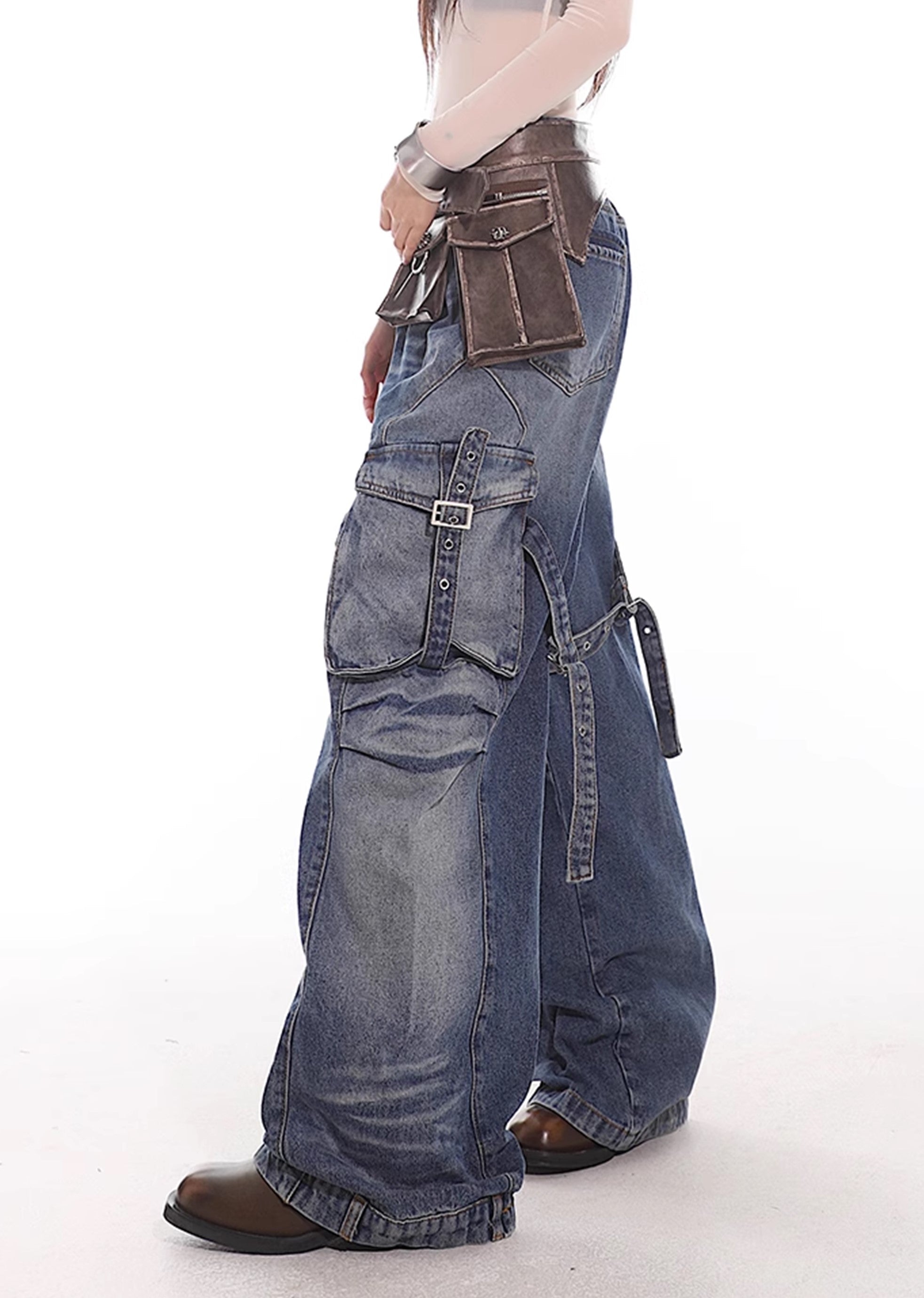 【UNCMHISEX】Side pocket suspender design grunge wash denim pants  UX0033