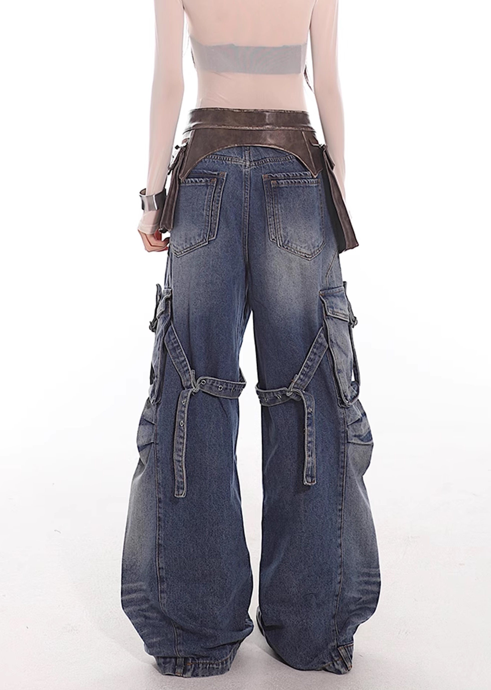 【UNCMHISEX】Side pocket suspender design grunge wash denim pants  UX0033