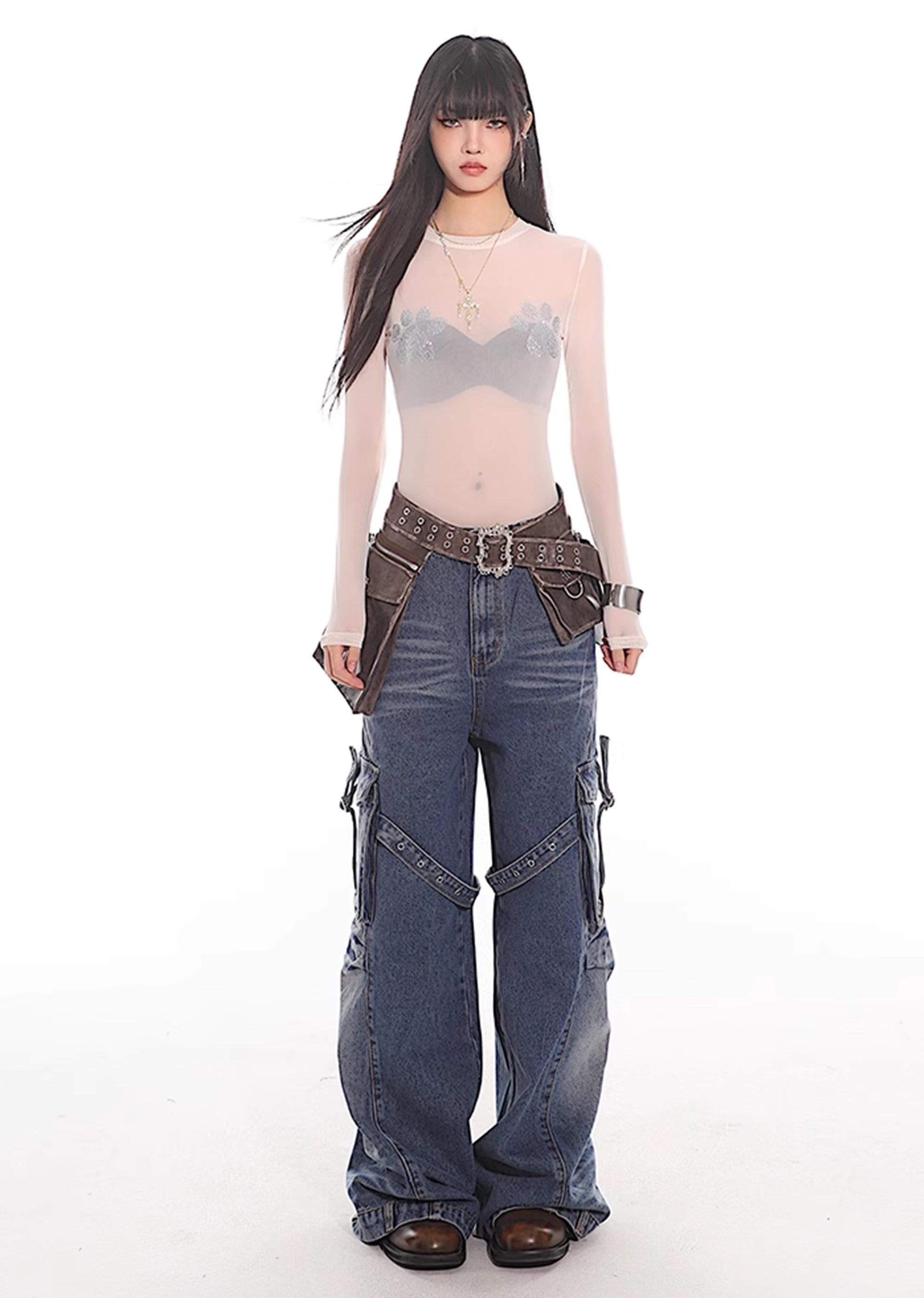 【UNCMHISEX】Side pocket suspender design grunge wash denim pants  UX0033