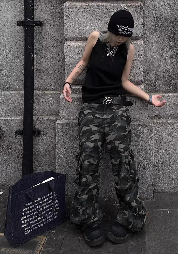 【TR BRUSHSHIFT】Simple camouflage design slim wide silhouette pants  TB0039