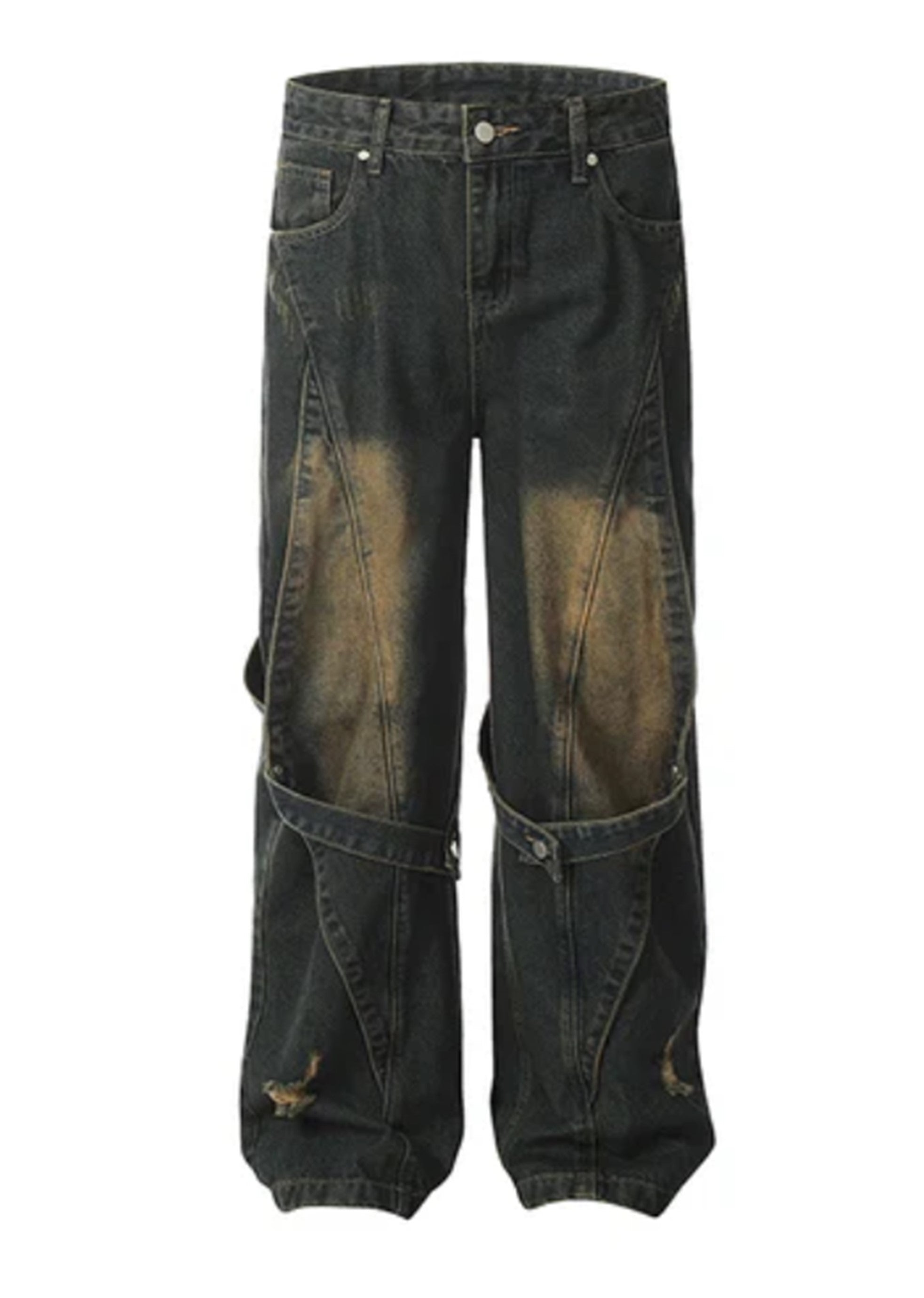 [76street] Dull washed vintage style suspender denim pants ST0008